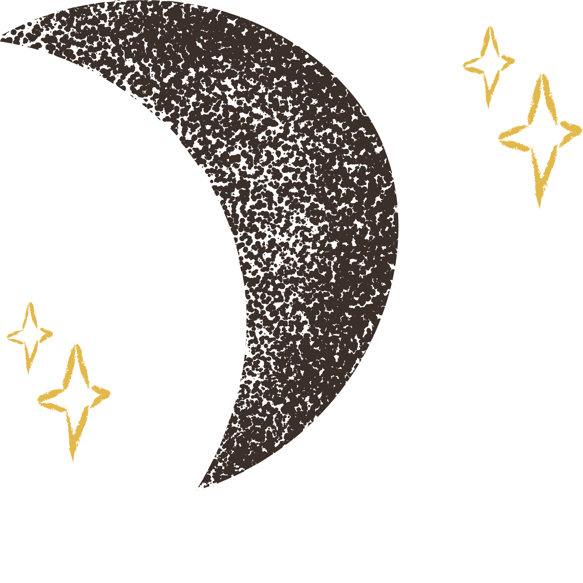 A stylized moon in gray with a textured surface, surrounded by three yellow stars on a black background.