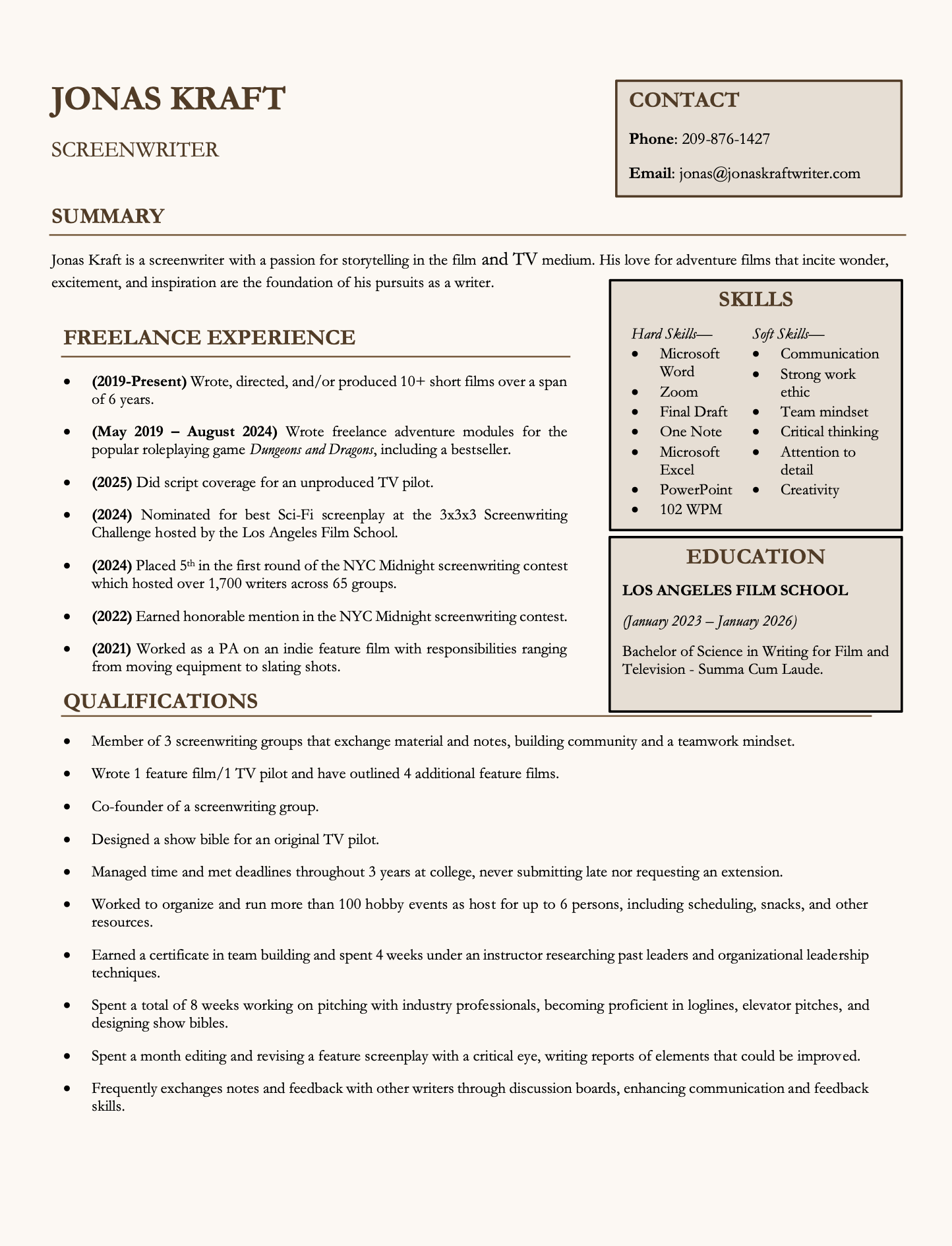 A resume for Jonas Kraft, a screenwriter, featuring contact details, a summary, freelance experience, skills, education, and qualifications, with sections highlighted in bold and outlined in boxes.