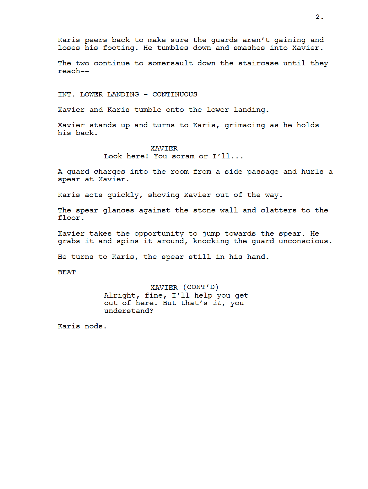 A screenplay page with dialogue and scene directions, titled 'INT. LOWER LANDING - CONTINUOUS', featuring characters Xavier and Karis in a tense confrontation involving a spear and guard.