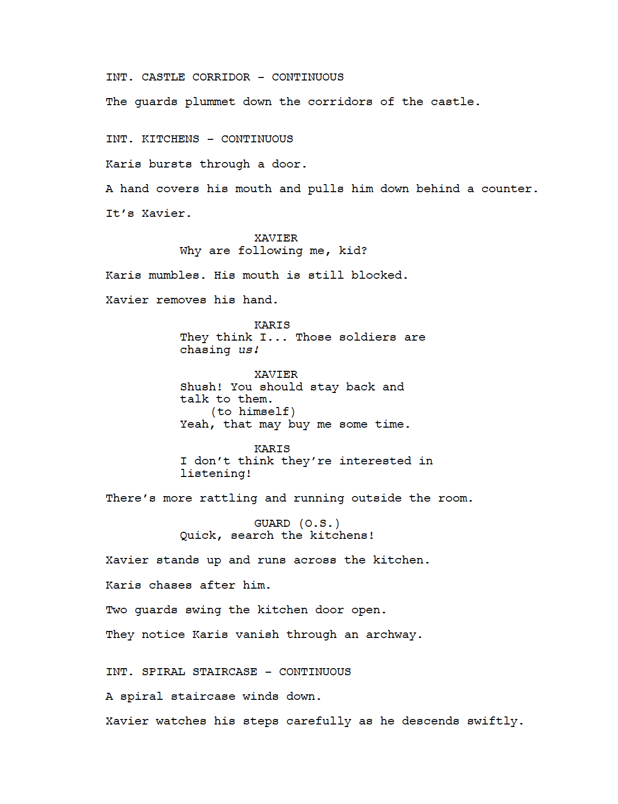 A script from a play or movie with dialogue between characters named Xavier, Karis, and a guard, set in a castle with rooms including the kitchen and spiral staircase.