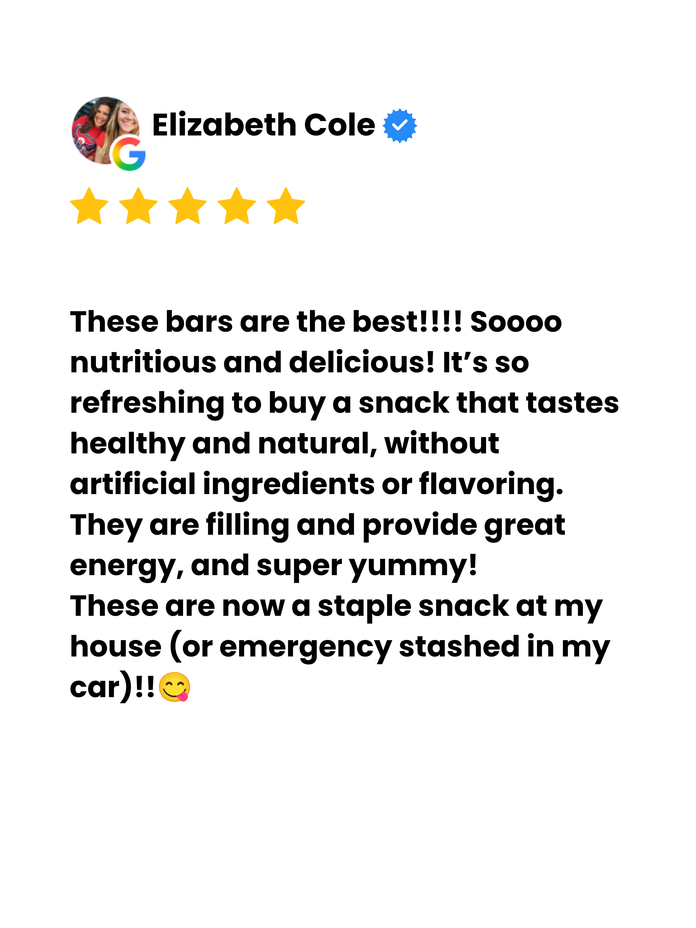 Elizabeth Cole's online review, showing her profile picture, verified badge, 5-star rating, and her positive comments about a snack she recommends.