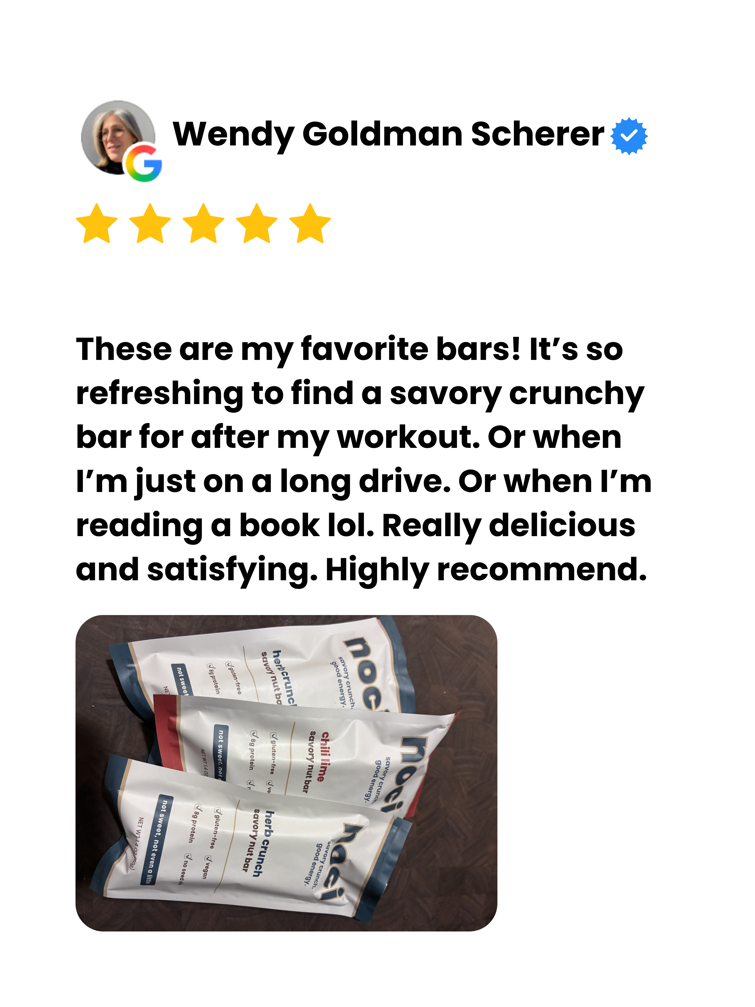 google review showing three Herb Crunch savory nut bars in colorful packaging placed on a dark wooden surface.