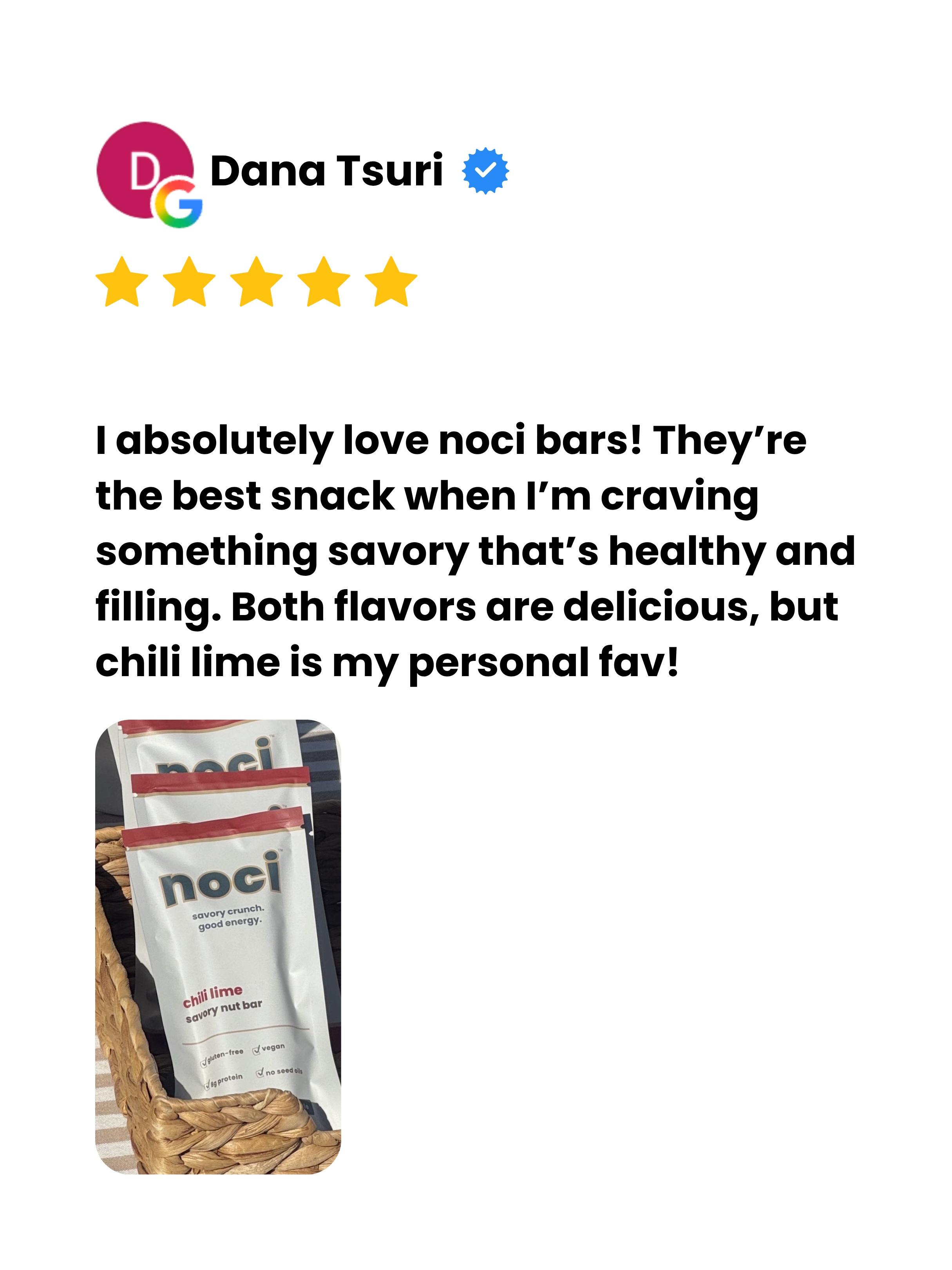 a google review with a photo of a basket containing several packages of noci chili lime savory nut bars.