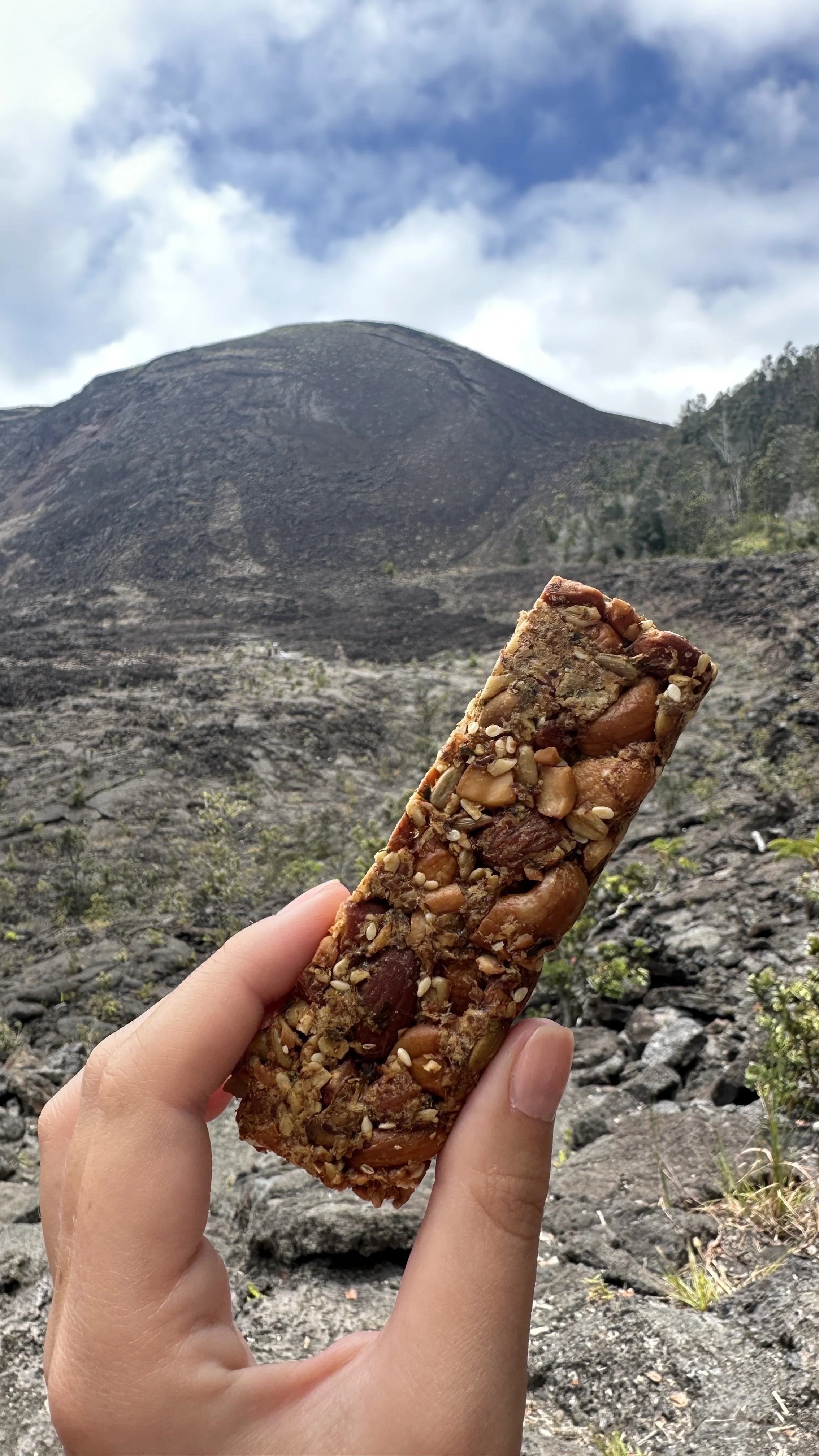 Person holding a nut and seed bar with a volcanic mountain in the background on a cloudy day.