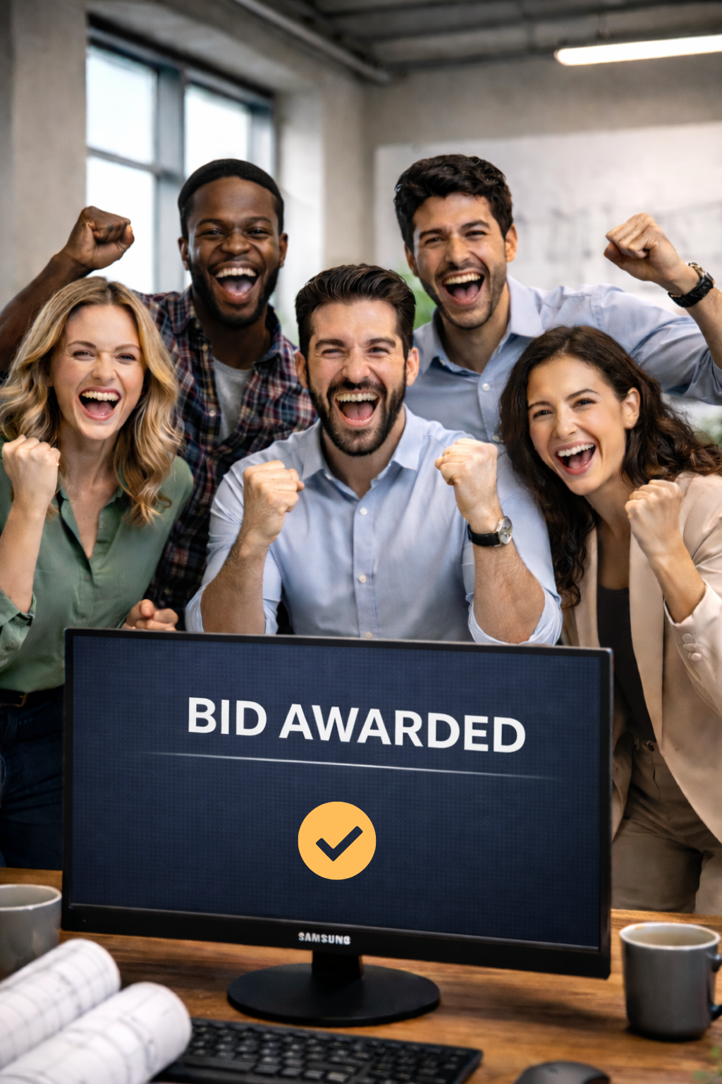 Group of people celebrating their bid being awarded in an office setting with a computer display showing 'BID AWARDED' and a check mark.