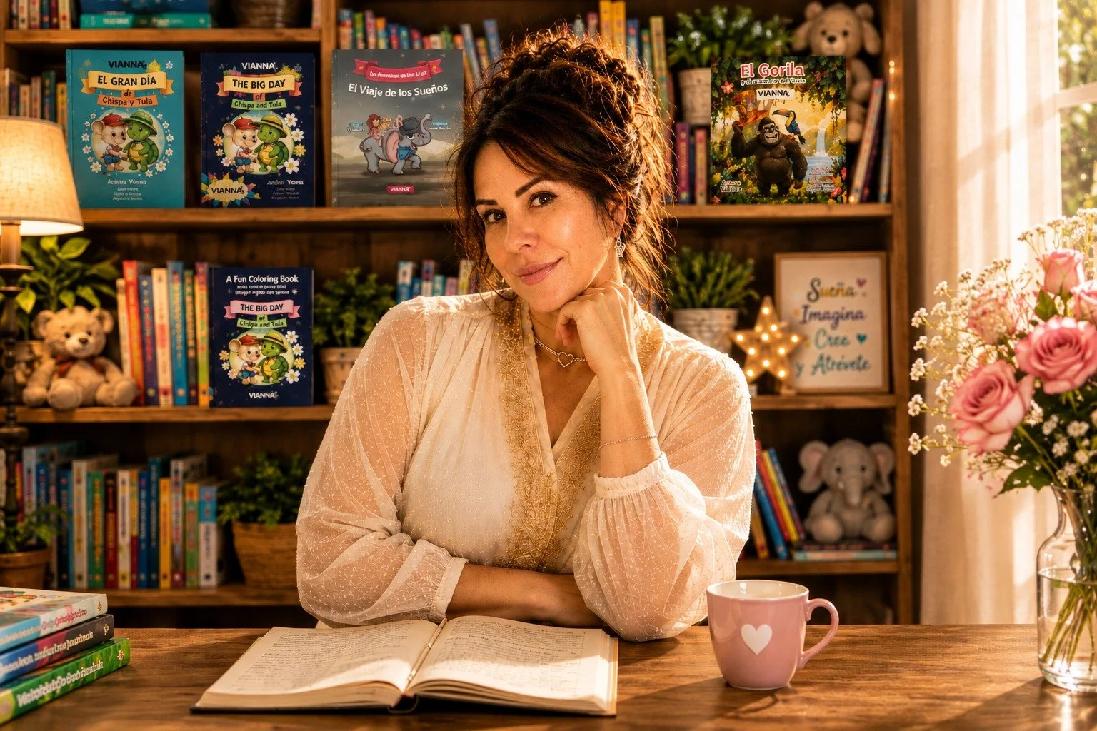 Mujer sentada en una mesa con libro abierto, taza rosa con corazón, y un ramo de rosas en un jarrón, en una librería decorada con libros, plantas y luces.