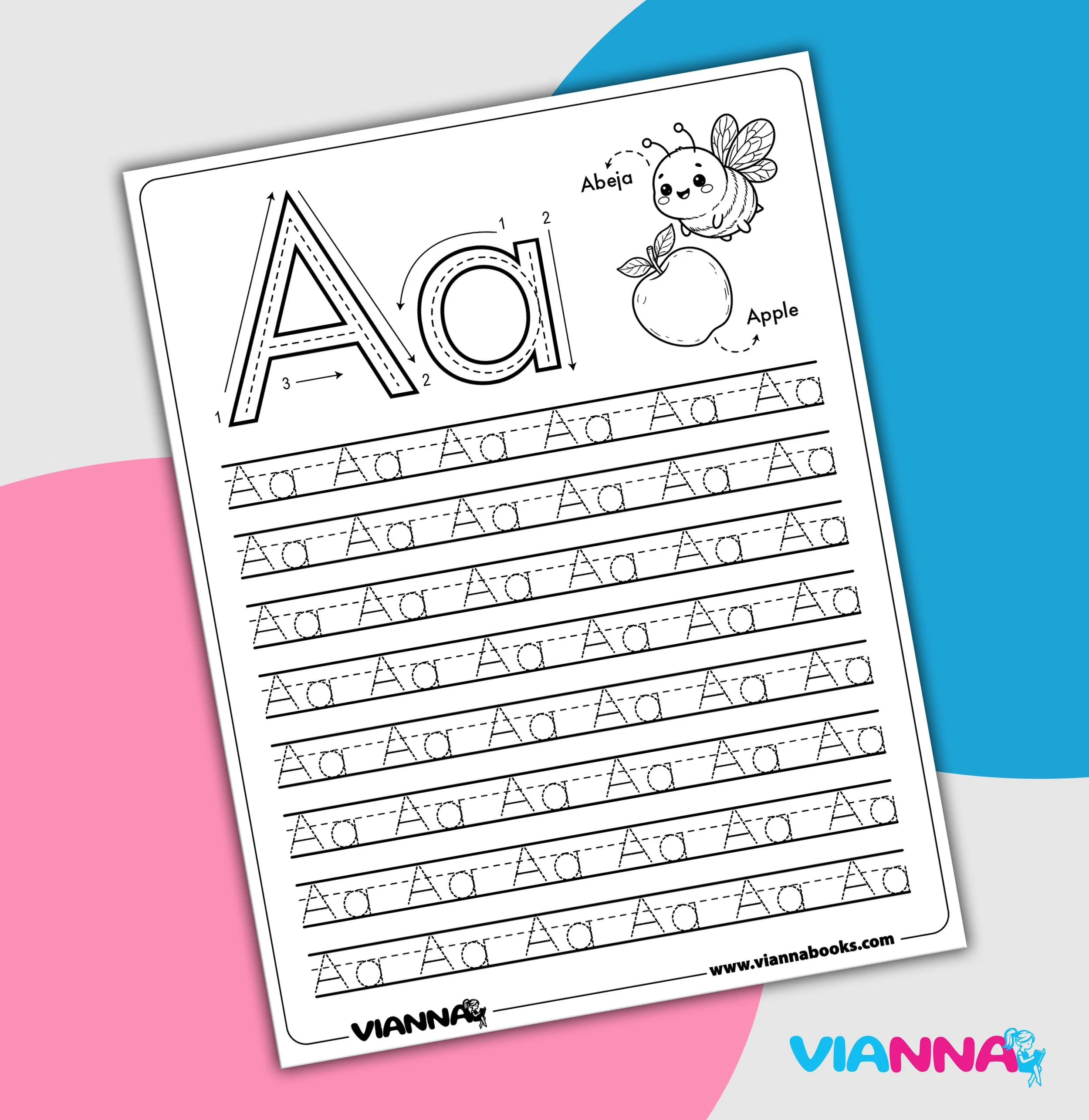 Hoja para practicar trazo de letras A y O con ilustraciones de una abeja y una manzana.