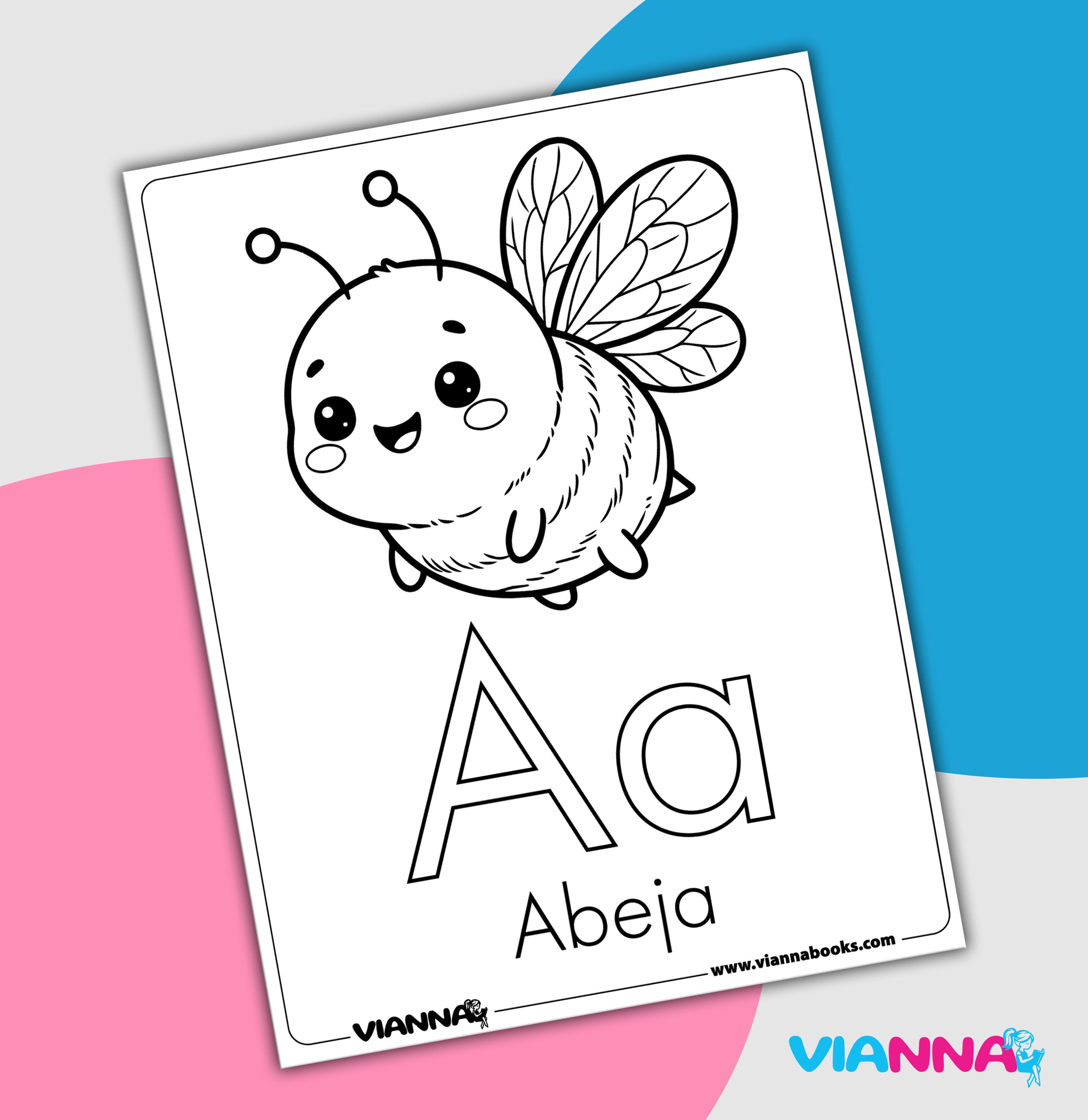 Página para colorear en blanco y negro de una abeja con cara feliz, alas decoradas y antenas, con texto en inglés que dice 'Abeja' en la parte inferior, sobre un fondo con formas en gris, azul y rosa.
