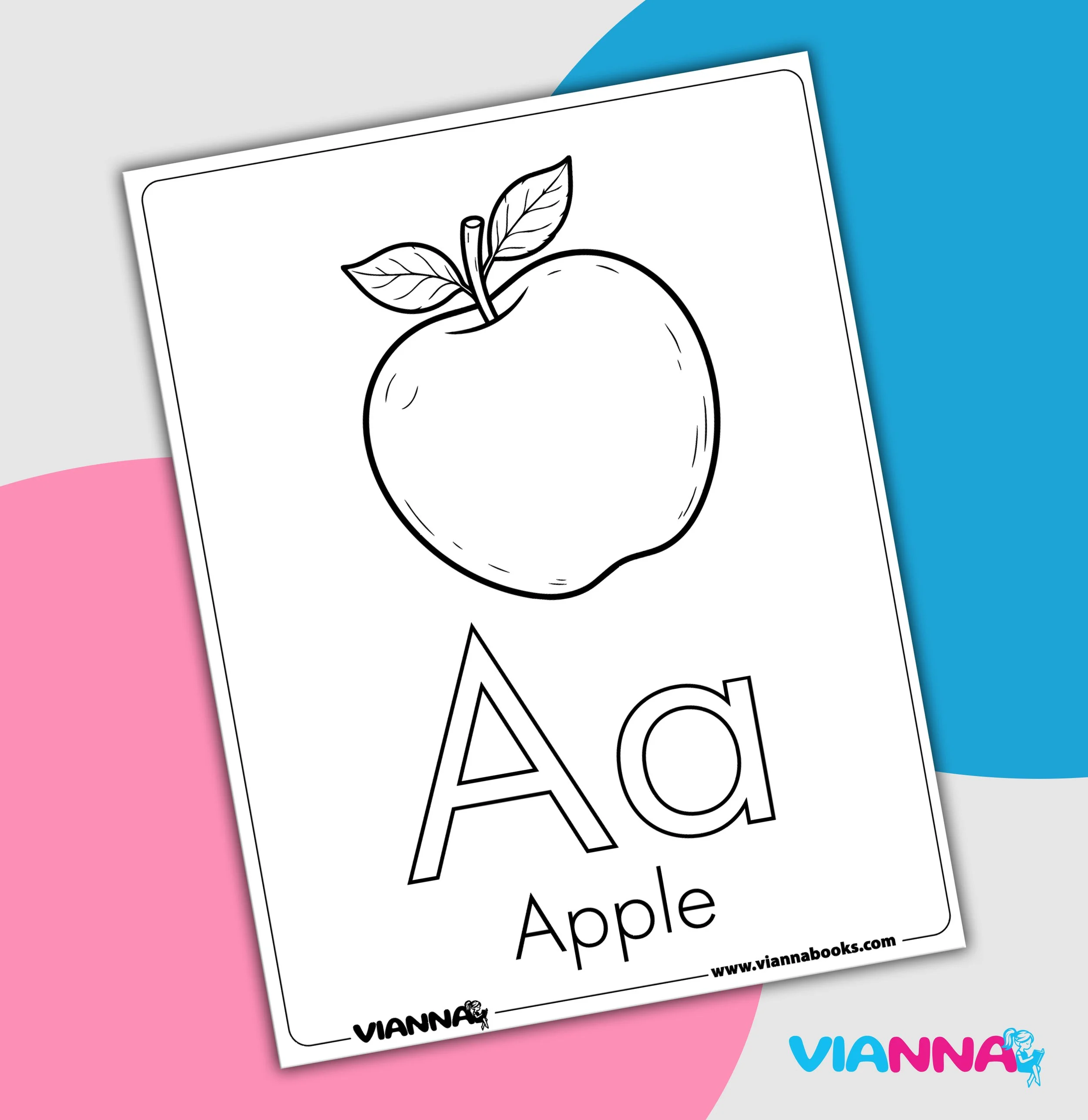 Página para colorear de una manzana con dos hojas, en blanco y negro, sobre fondo con segmentos en azul, rosa y gris, con logotipos y URL en la parte inferior.