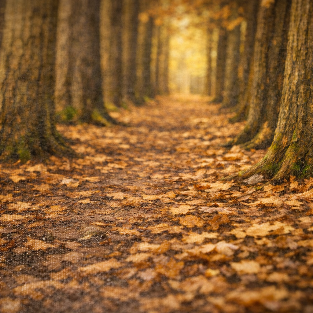 Autumn forest trail lined with tall hemlock trees forming a natural tunnel with golden fall foliage.