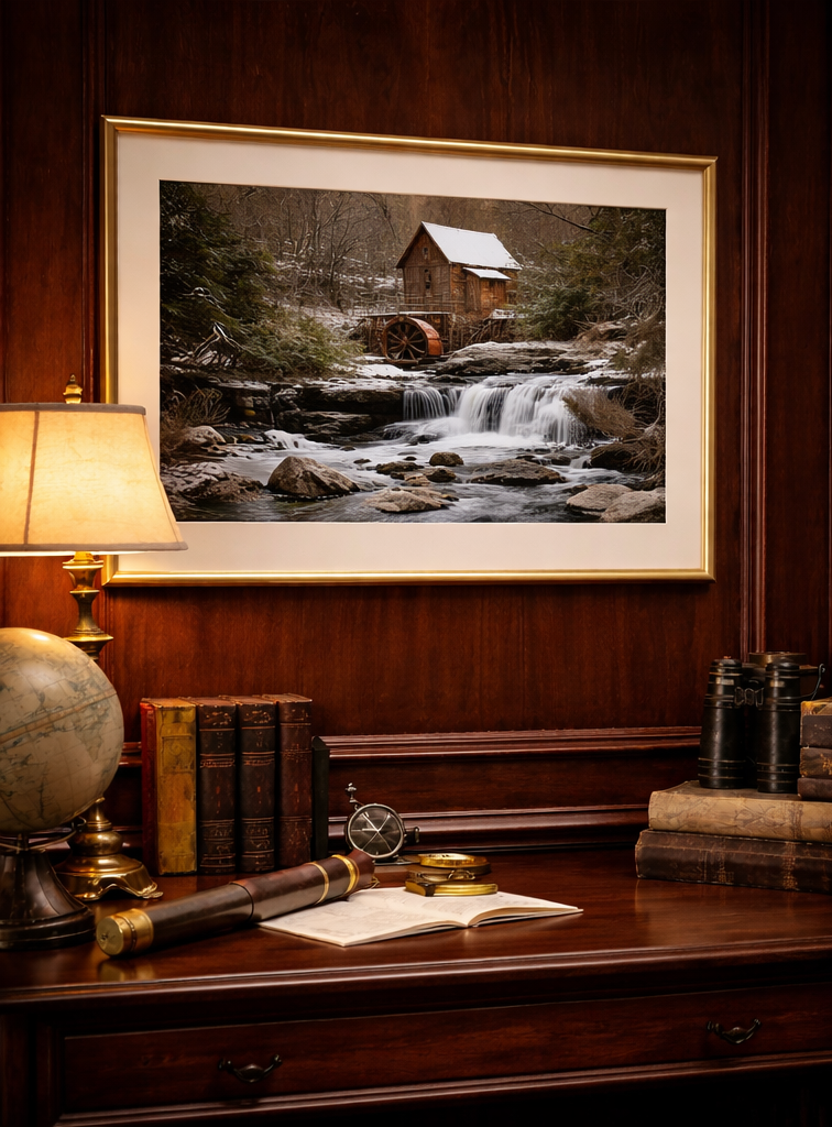 Glade Creek Grist Mill above a waterfall in winter at Babcock State Park, West Virginia.