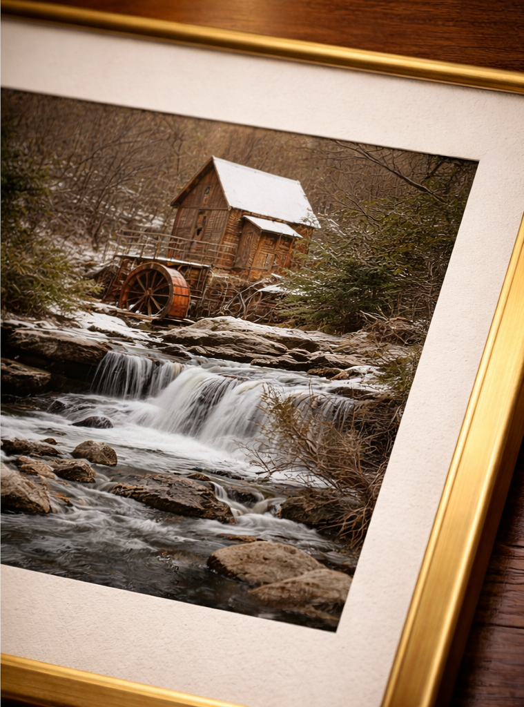 Glade Creek Grist Mill above a waterfall in winter at Babcock State Park, West Virginia.