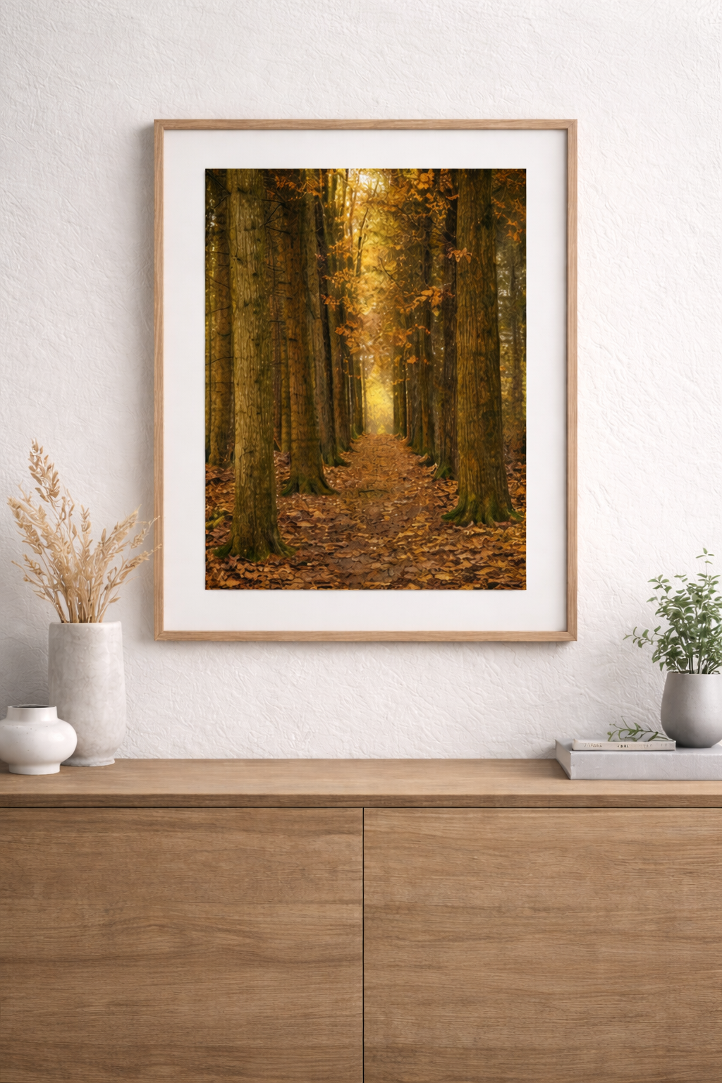 Autumn forest trail lined with tall hemlock trees forming a natural tunnel with golden fall foliage.