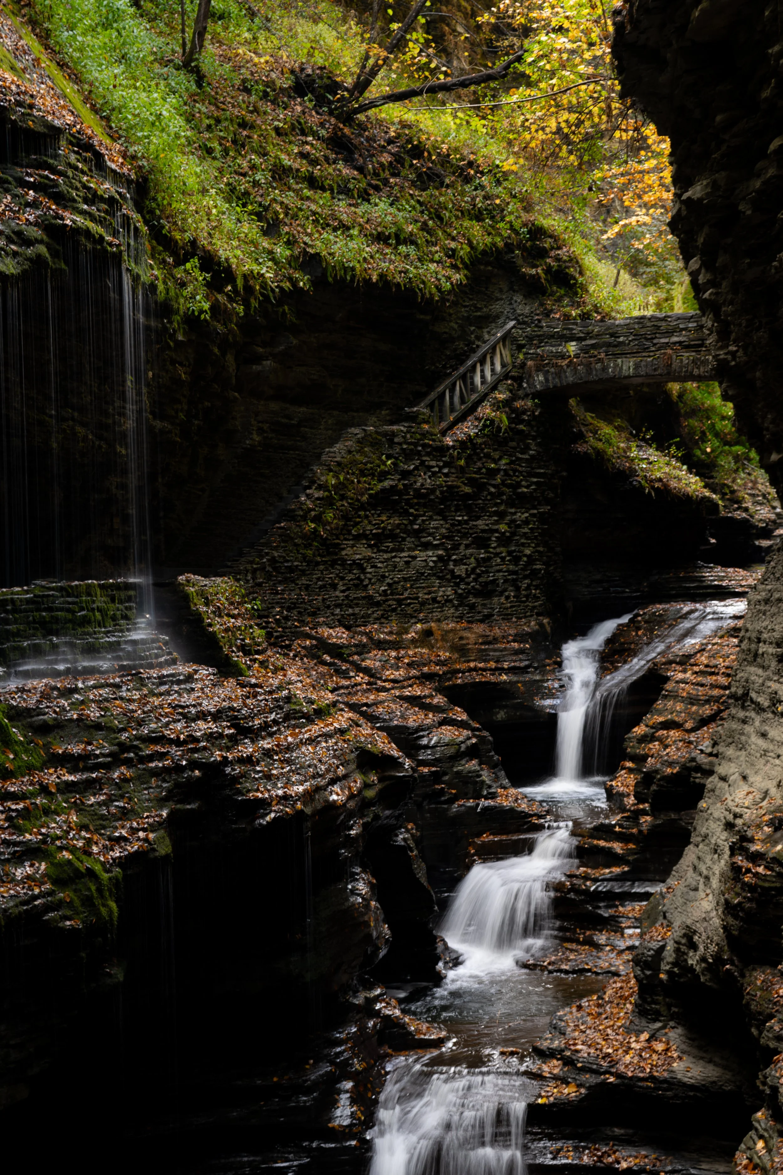 Waterfalls cascade over mossy rocks in a shadowed gorge, with a rustic stone bridge and autumn leaves adding to the tranquil scene.