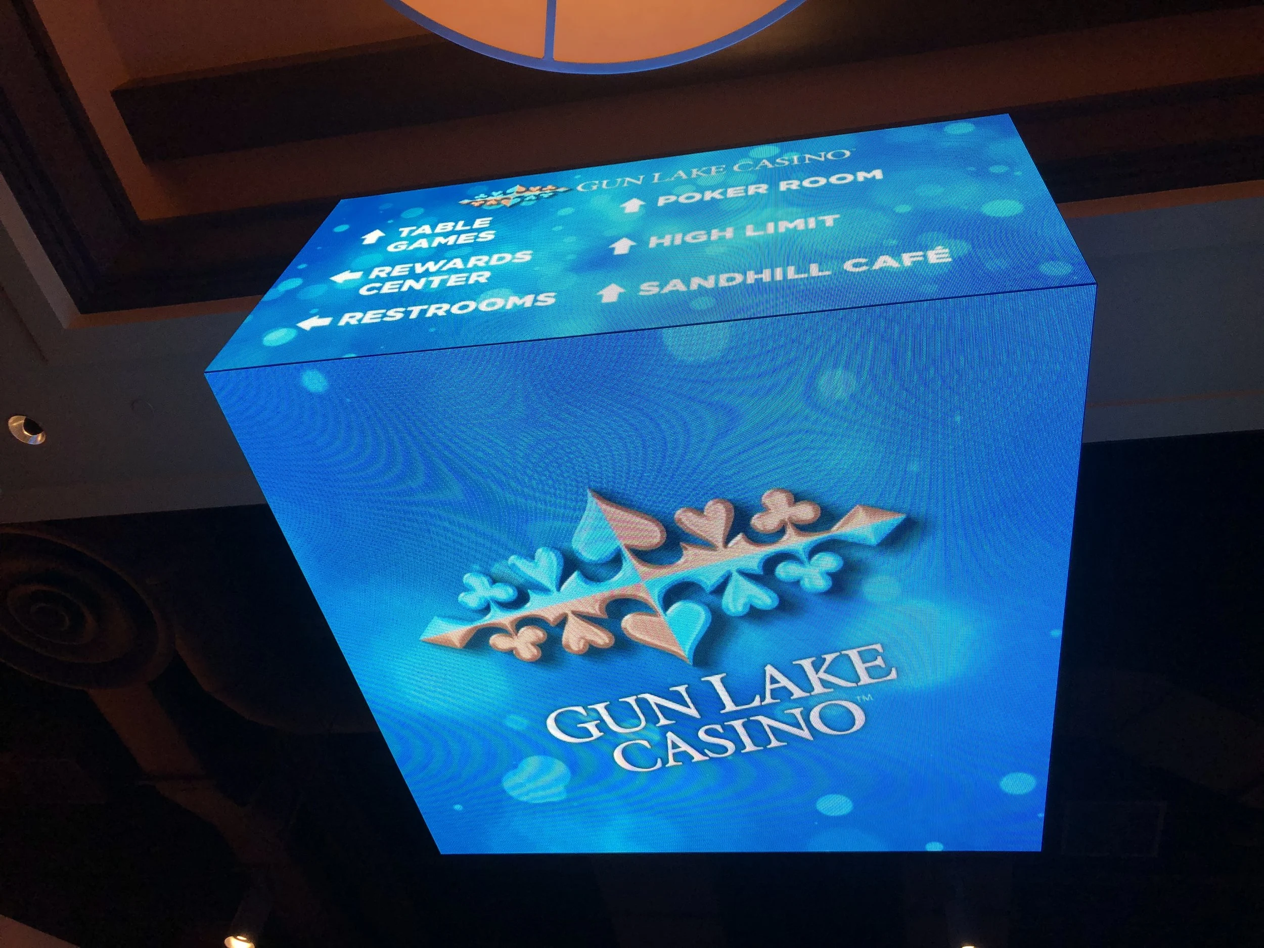 Illuminated blue sign with white text and symbols pointing to various areas in Gun Lake Casino, including table games, rewards center, restrooms, poker room, high limit, sandhill café, and other amenities.