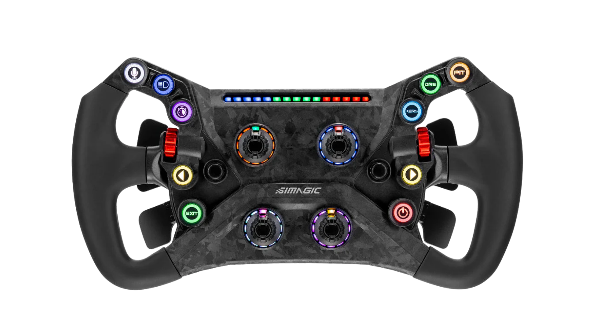 A racing wheel controller with a carbon fiber finish, multiple colored buttons, and adjustable dials, used for racing video games.
