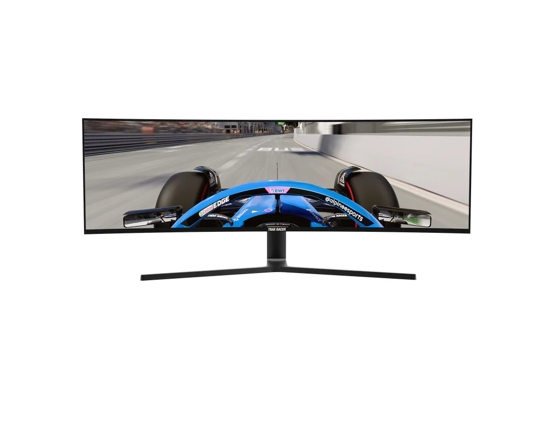 Curved widescreen computer monitor displaying a racing car on a race track.