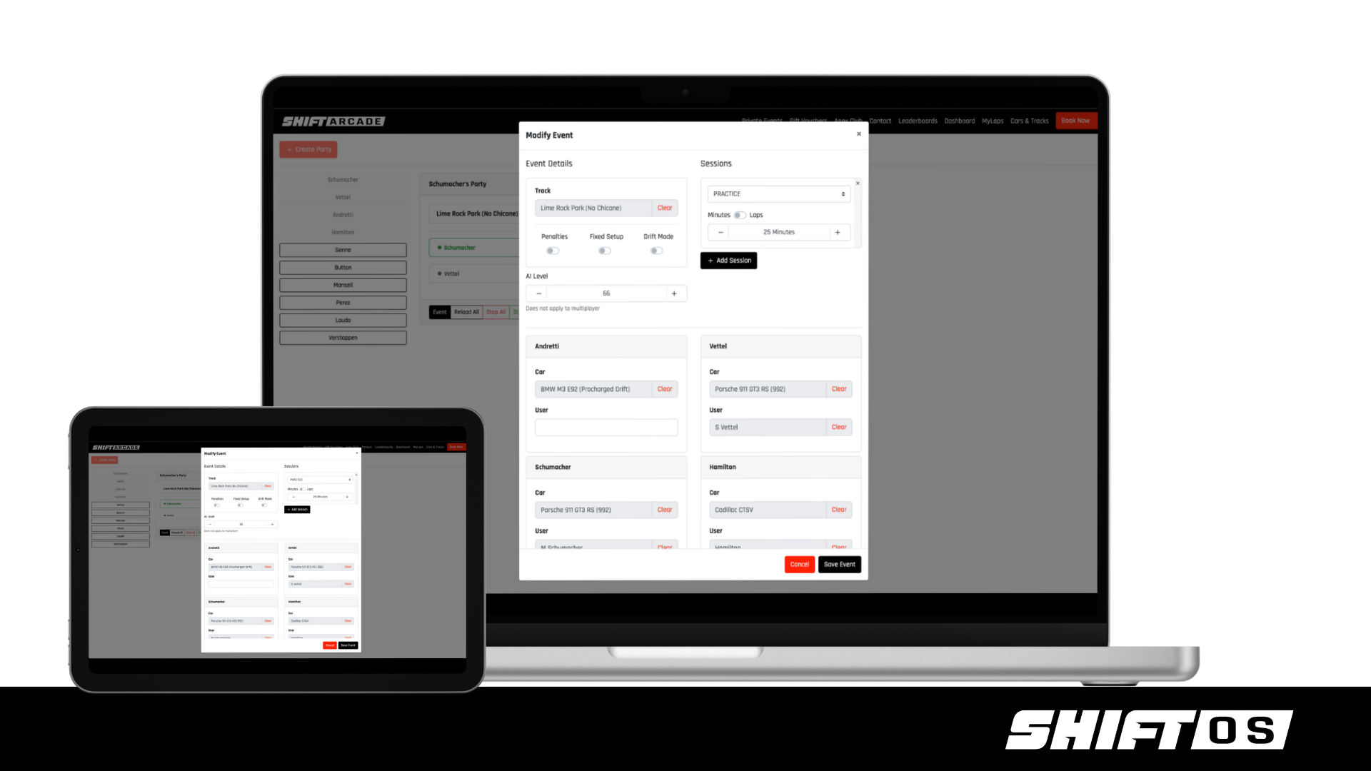 Electronic devices, a laptop and a tablet, displaying the SHIFT OS software interface for managing racing events, with various event details and session options visible.