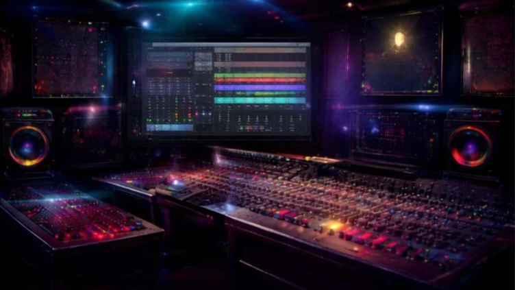 Music production studio with a large mixing console, multiple screens displaying digital audio workstations, and colored LED lighting.