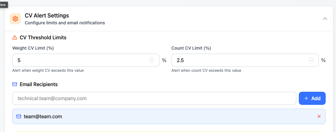 Screenshot of a settings page titled 'CV Alert Settings' with options to configure CV threshold limits and email notifications. Includes fields for weight CV limit and count CV limit, set at 5% and 2.5% respectively. Contains an email recipient input box with two email addresses, one of which is highlighted with an 'Add' button and a red cross next to the second email.