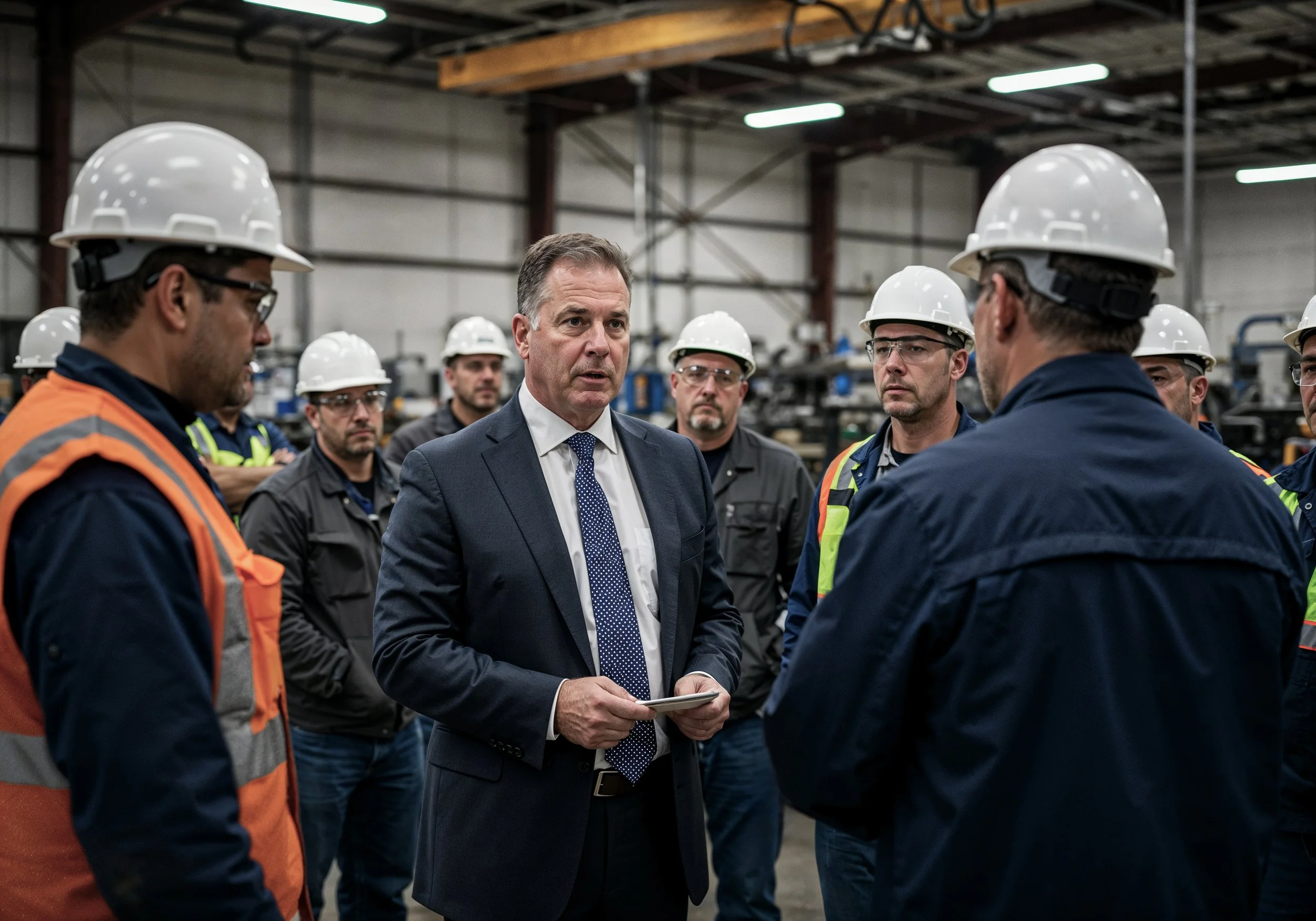 A man in a suit and tie speaking to workers wearing safety helmets and vests inside a factory or warehouse.