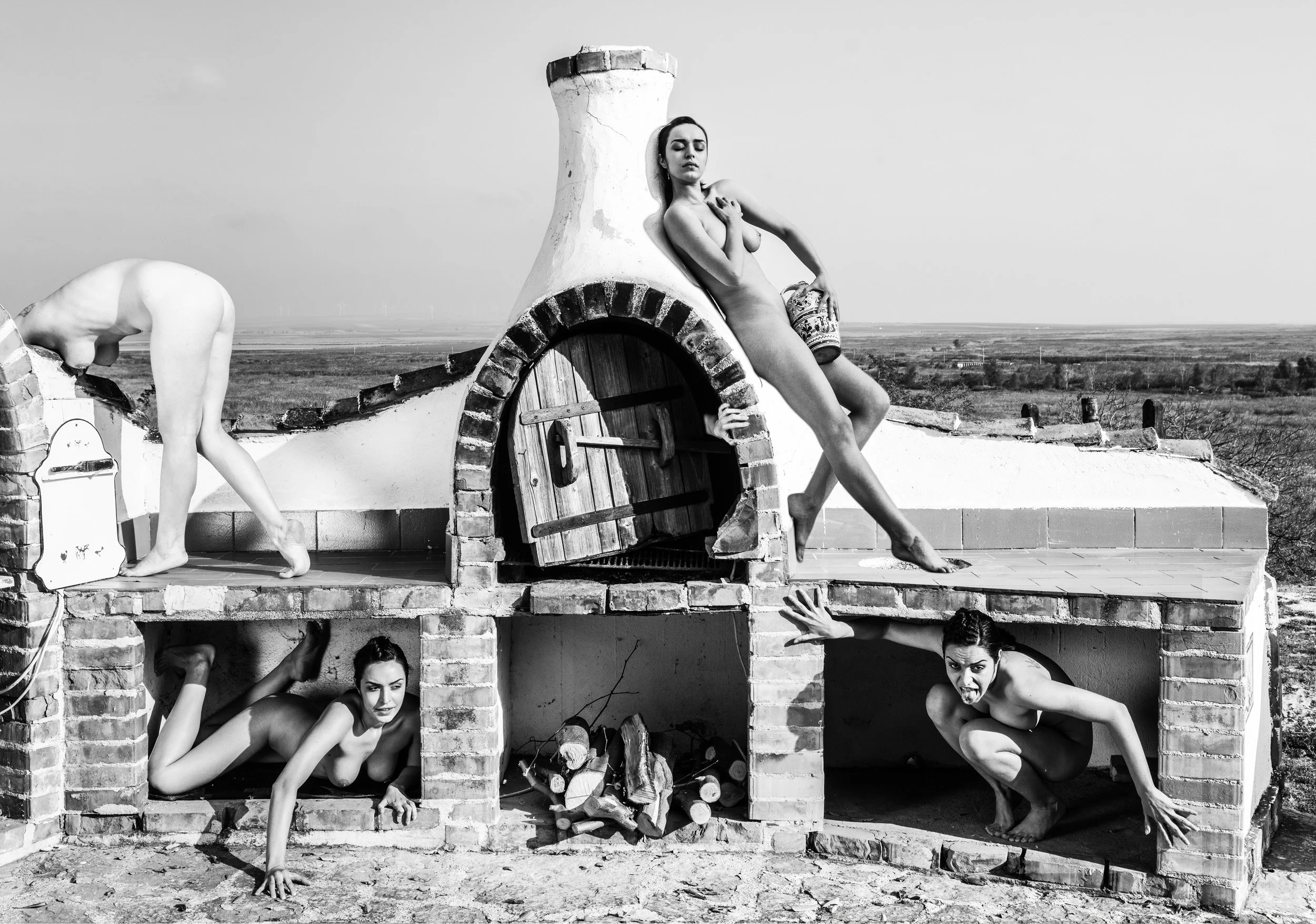 A multi-layered fine art composite featuring a nude form integrated into the textures of an industrial brick oven.