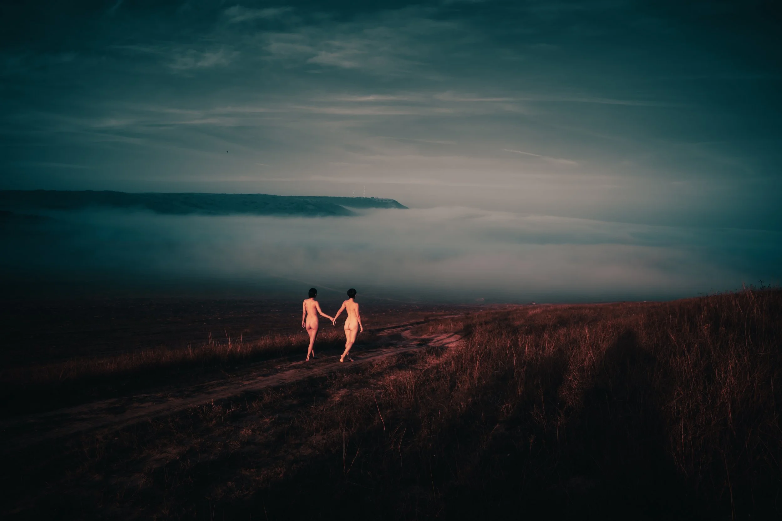 Dual-subject nude fine art portrait captured in a natural Sacramento landscape during the golden hour of sunrise.