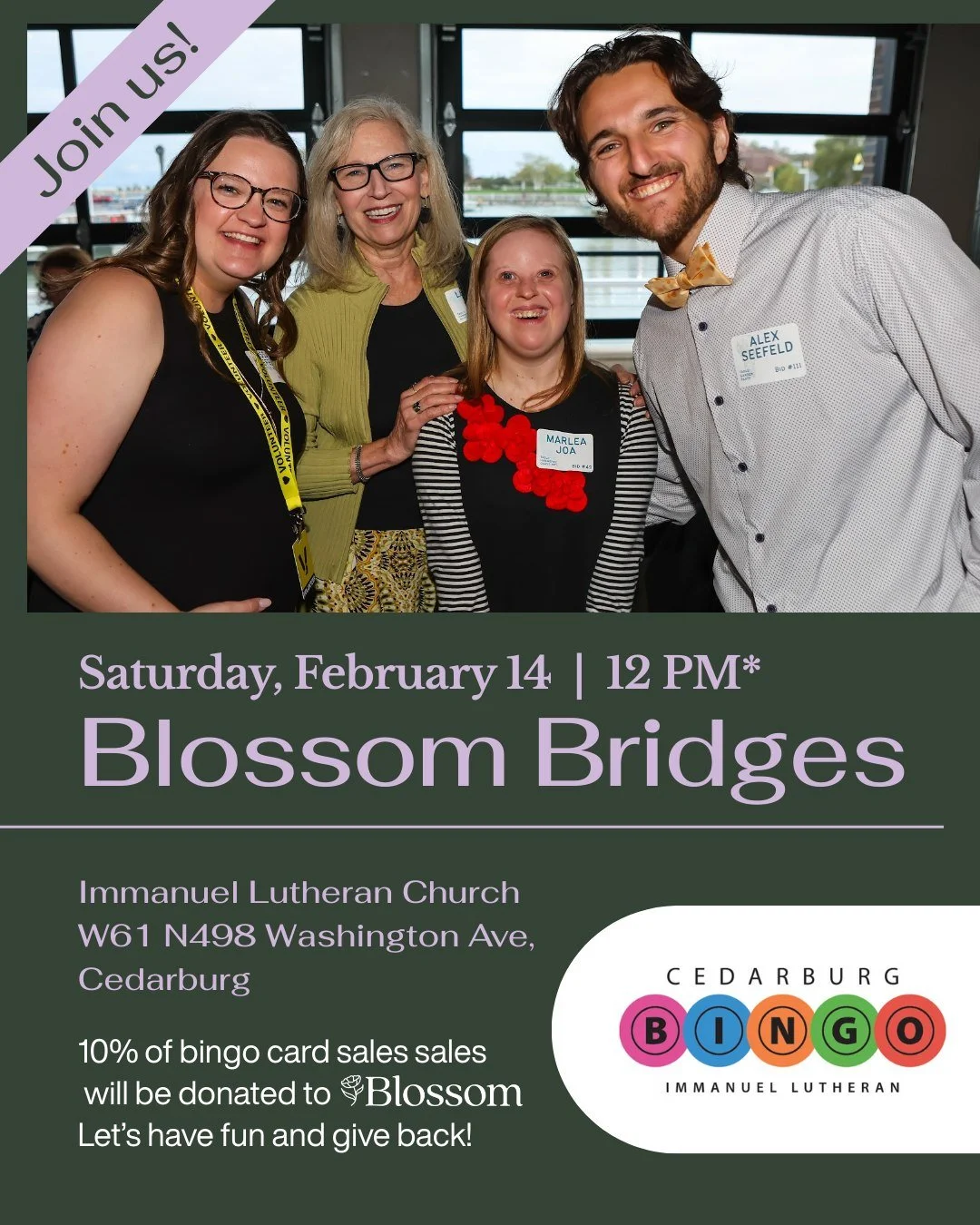 💛 BINGO for a cause! 💛
Ready for a feel-good afternoon filled with community, prizes, and purpose?

Join us for Bingo at Immanuel Lutheran on February 14 and support Blossom!

This is a wonderful, inclusive outing for participants to enjoy a welcom