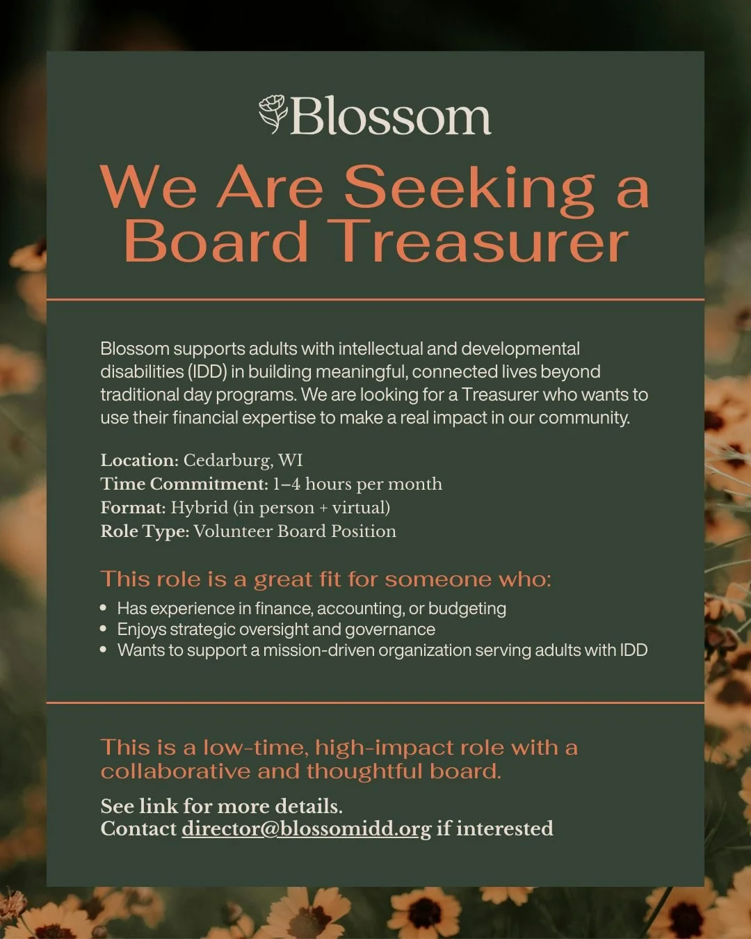 🌸 Now Seeking: Board Treasurer 🌸

Blossom IDD is looking for a volunteer Board Treasurer with experience in finance or accounting to help guide our organization&rsquo;s financial stewardship.

✨ 1&ndash;4 hrs/month
✨ High impact, mission-driven wor