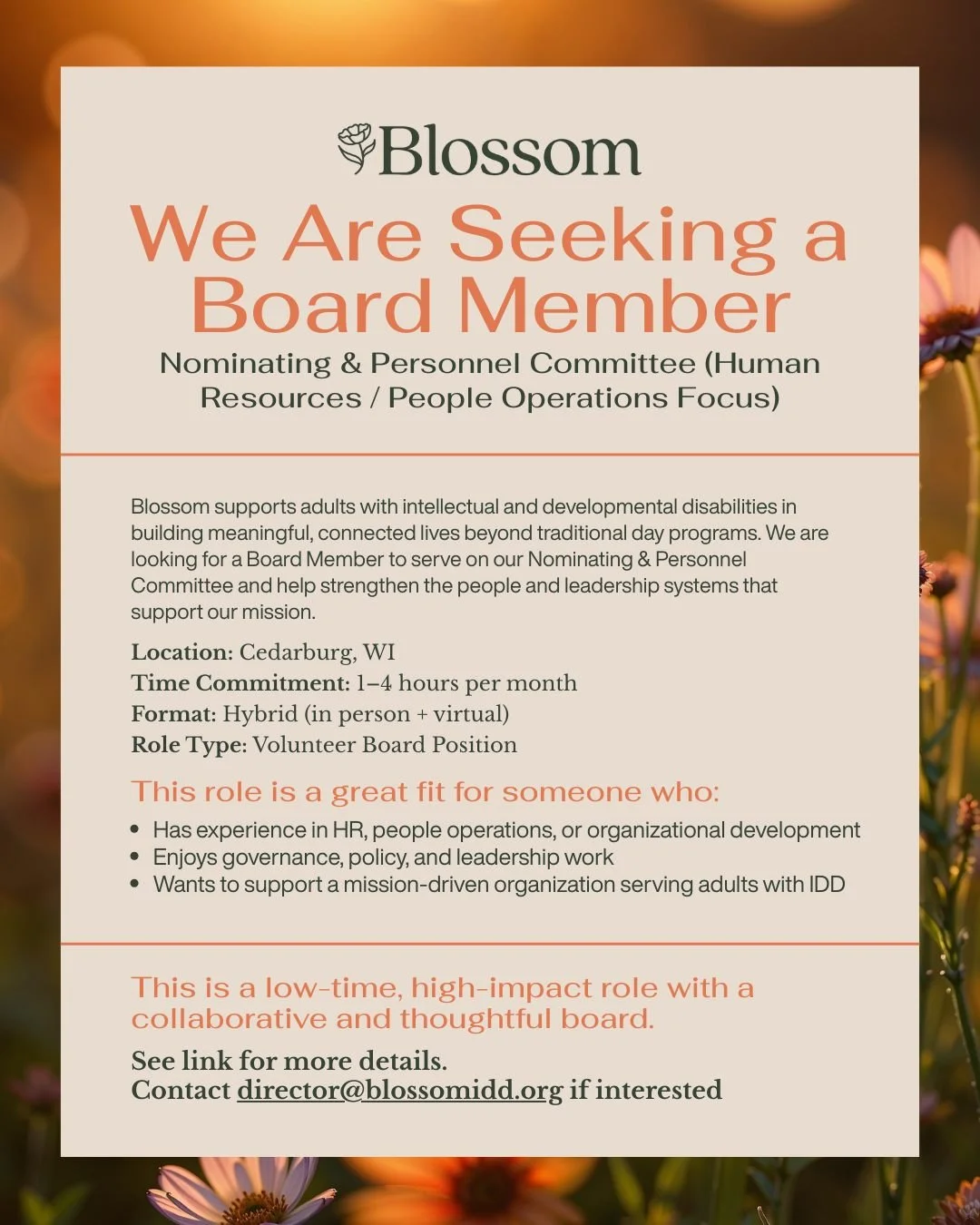 We&rsquo;re excited to be seeking a Board Member to serve on Blossom IDD&rsquo;s Nominating &amp; Personnel Committee (HR / People Operations focus) 🌿

This volunteer role is perfect for someone with experience in HR, people operations, or organizat