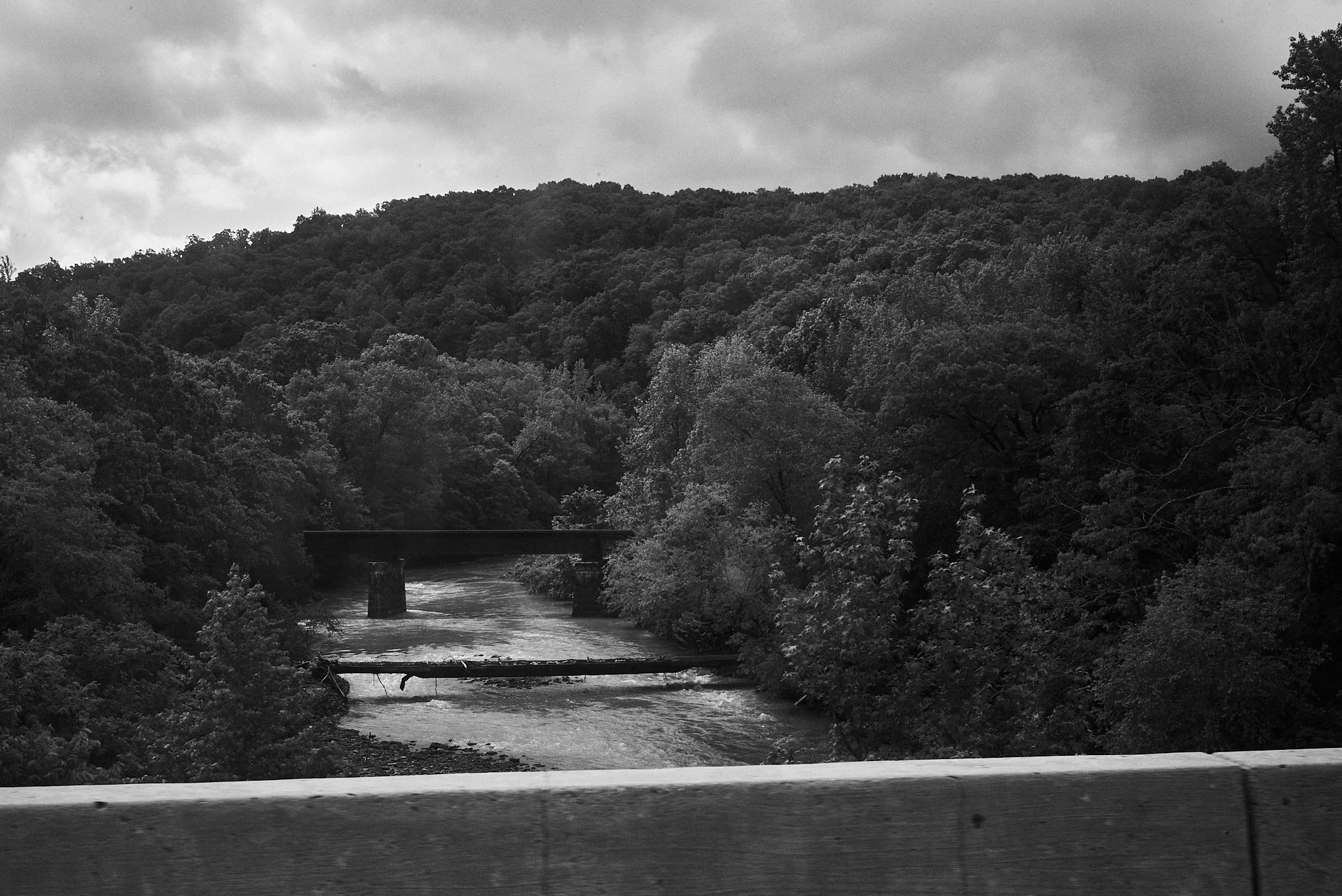 Black and white photo of a river flowing through a densely wooded valley with a bridge crossing over the river.