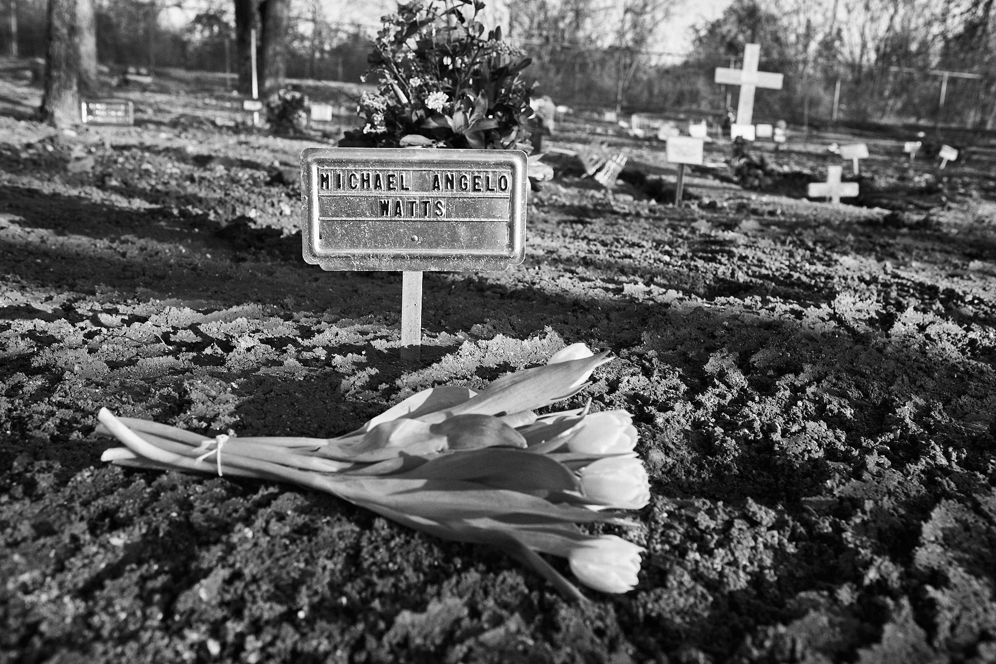 A black and white photograph of a grave site with a small metal sign bearing the name 'Michael Angelo Watts' and a bunch of white flowers laid on the dirt ground.