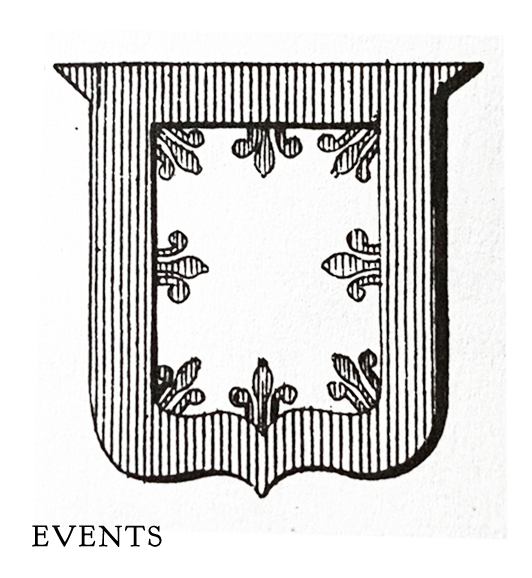 Black and white illustration of a shield with decorative elements, featuring vertical stripes on the upper part and ornate floral designs inside.