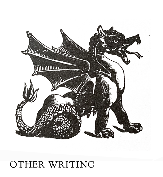 Black and white illustration of a dragon with wings, a long tail, and an open mouth, standing on its hind legs.