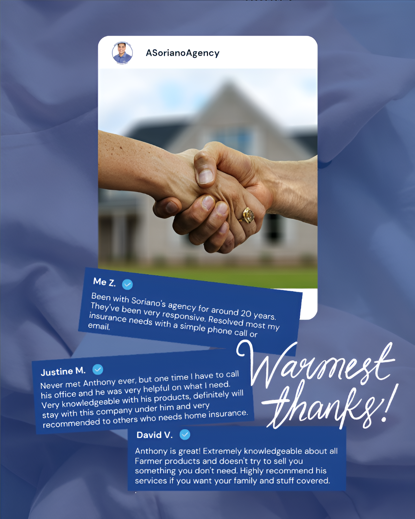 A graphic featuring three customer testimonials about Soriano Agency, with a central image of a handshake in front of a house, and the words 'Warmest thanks!' written in script.