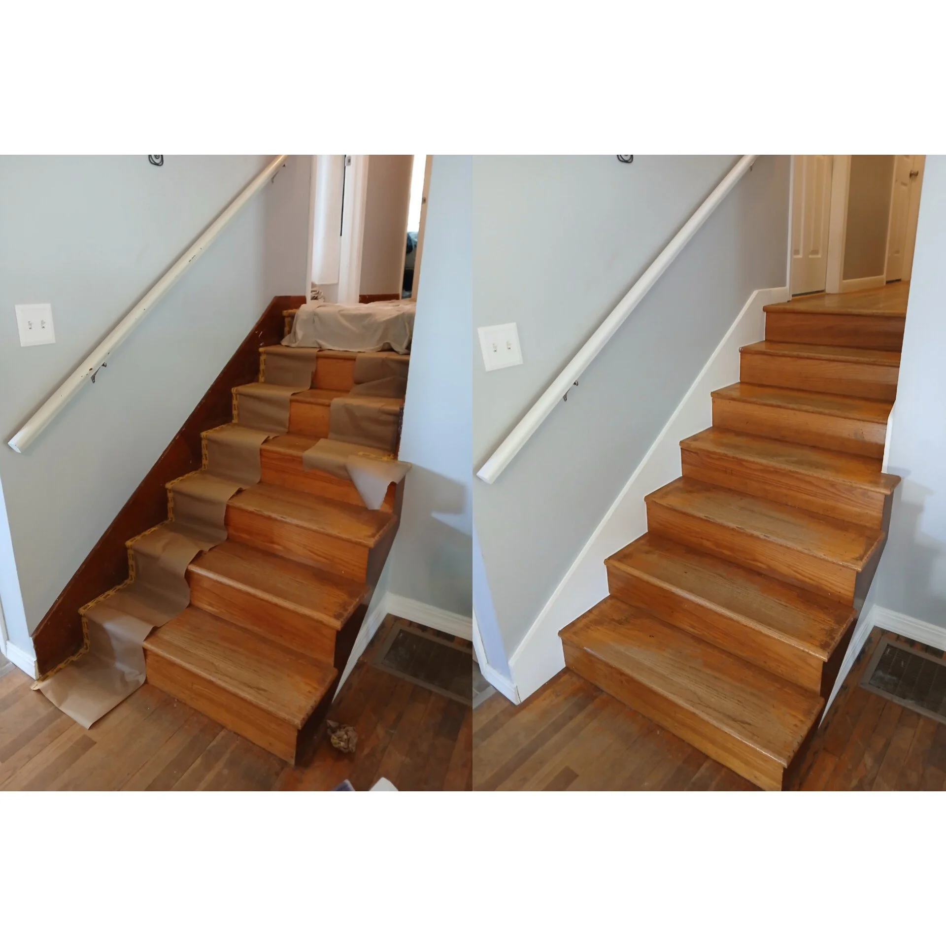 Before and after photos of a staircase renovation, showing the staircase with worn and damaged wood steps on the left and freshly refinished wood steps on the right.