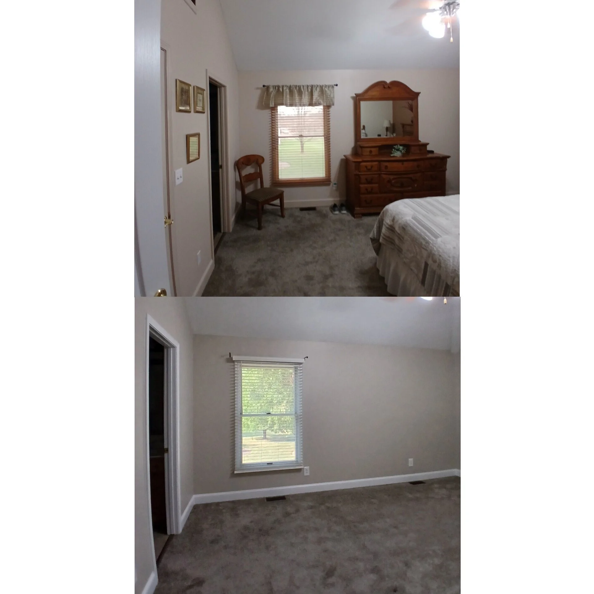 Comparison of a bedroom before and after renovation, showing a change from cluttered to clean and spacious.
