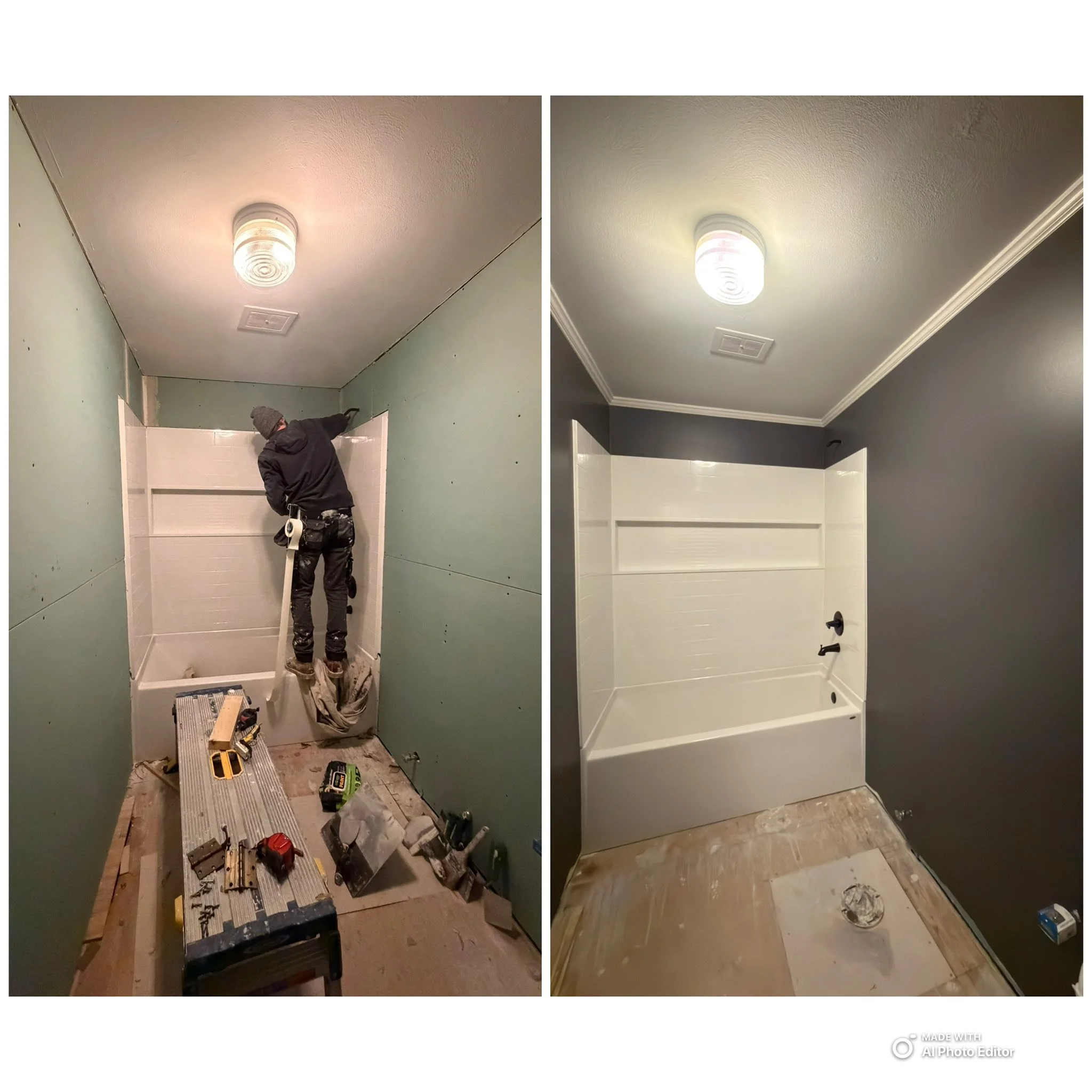 Comparison of a bathroom wall and tub before and after renovation, showing progress from construction to completed painted and tiled shower area.