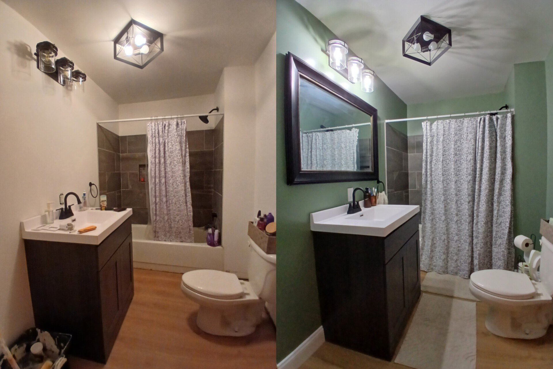 Side-by-side comparison of a bathroom before and after renovation. The left side shows an outdated bathroom with a beige wall, a white vanity with dark wood cabinet, a bathtub with patterned shower curtain, and basic lighting. The right side shows the renovated bathroom with green walls, a modern black-framed mirror, updated vanity with black cabinet, new light fixtures, and a fresh appearance.