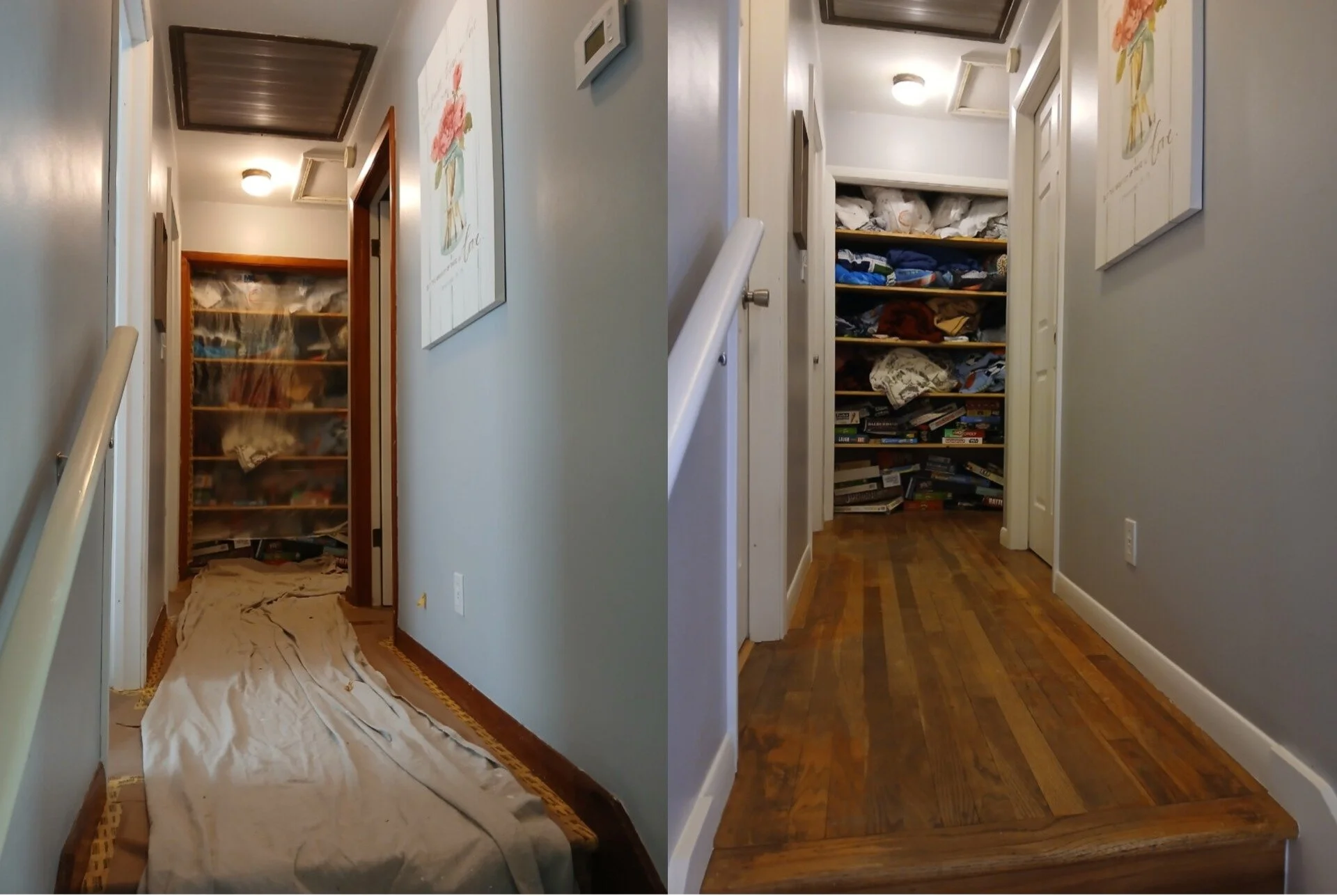 Side-by-side comparison of a hallway before and after cleaning and organizing. The left image shows a cluttered hallway with a plastic drawer unit filled with items, a ladder with a cloth on the floor, and a painting on the wall. The right image shows the same hallway after cleaning, with a tidily organized bookshelf, a clean wooden floor, and a painting on the wall.