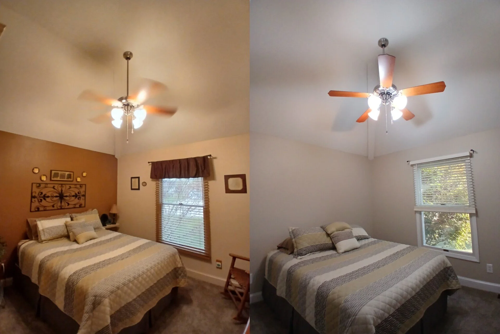 Comparison of a bedroom before (left) and after (right) renovation showing different ceiling fans and wall decor, with a bed that has a striped quilt.