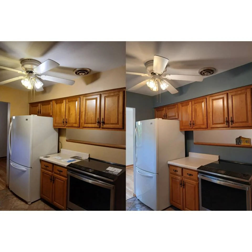 Before and after photos of a kitchen renovation, showing changes in wall paint color and cabinet hardware.