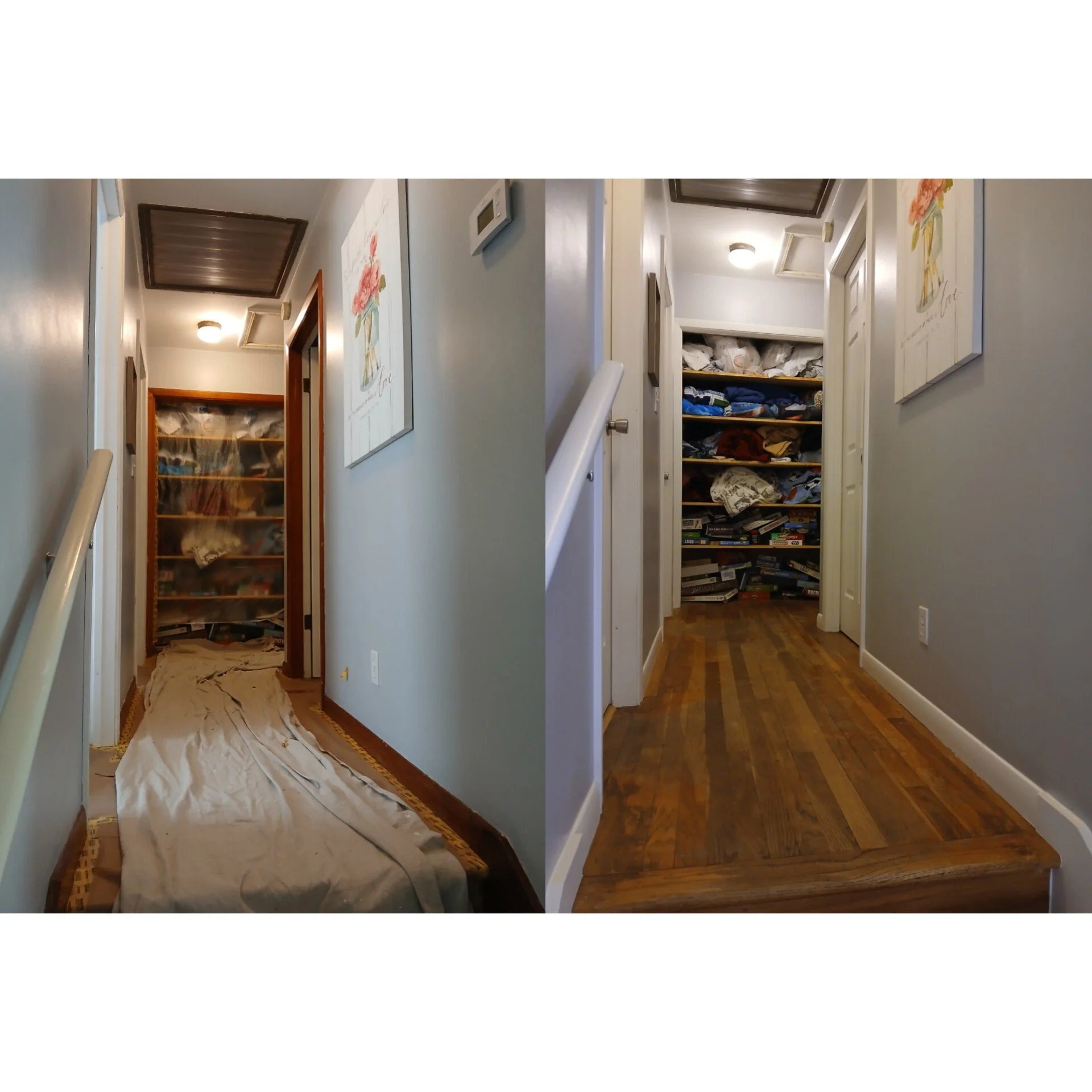 Side-by-side comparison of a hallway before and after cleaning and organizing. The left shows a cluttered hallway with a disorganized shoe rack and a cloth on the floor. The right shows a tidy hallway with a clean wooden floor and an organized booksh