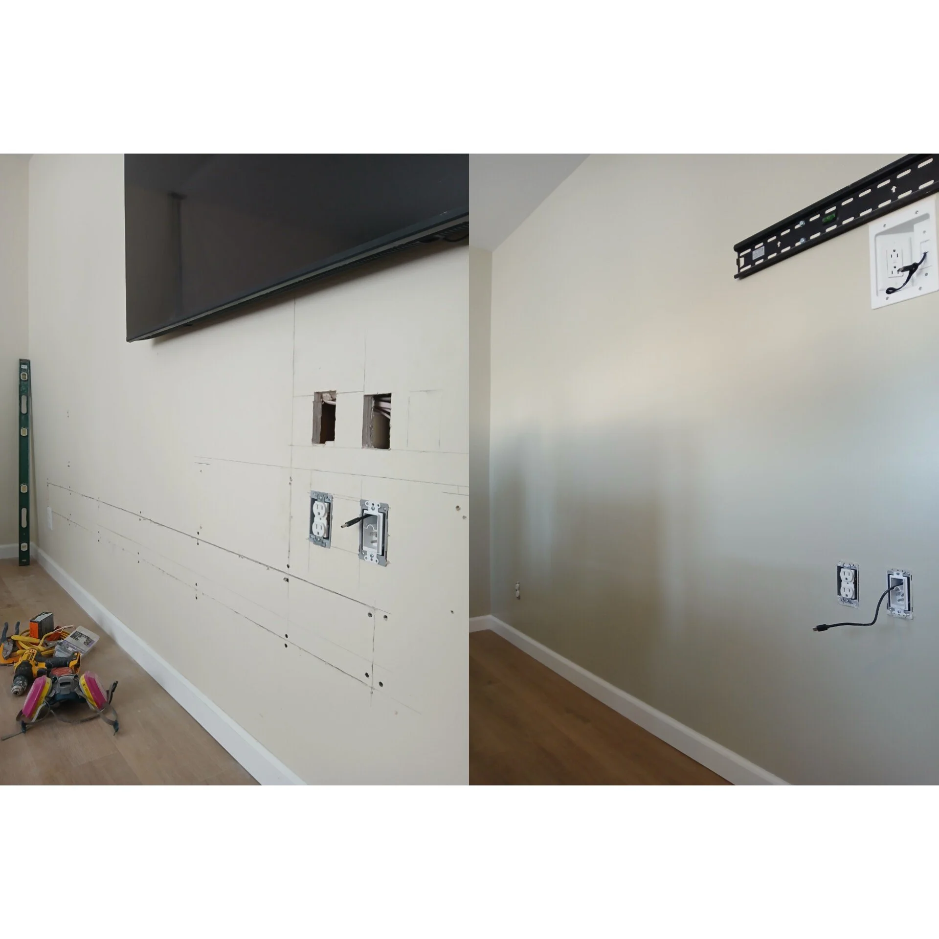 A side-by-side comparison of a wall before and after renovation. The left side shows a wall with exposed electrical outlets, wiring, and cutouts for a television, with tools and equipment on the floor. The right side shows the same wall after paintin