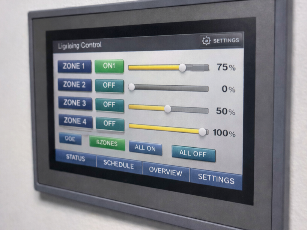 A touchscreen panel displays lighting control settings with zones, switches, and sliders for adjusting light levels.