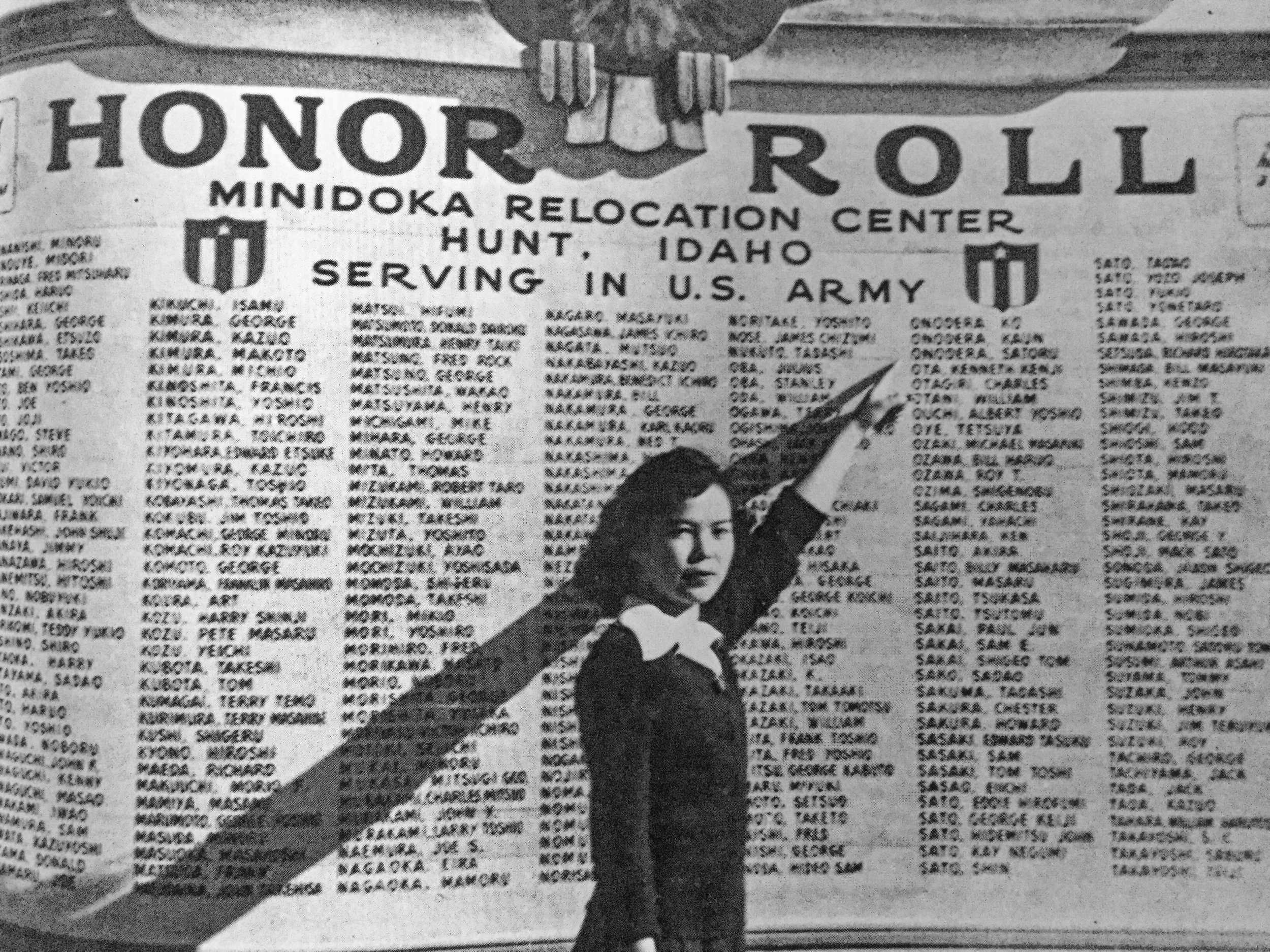 A list of the volunteers serving in the U.S. Army from the Minidoka internment camp. Yosh’s name, top row above the woman’s hand.