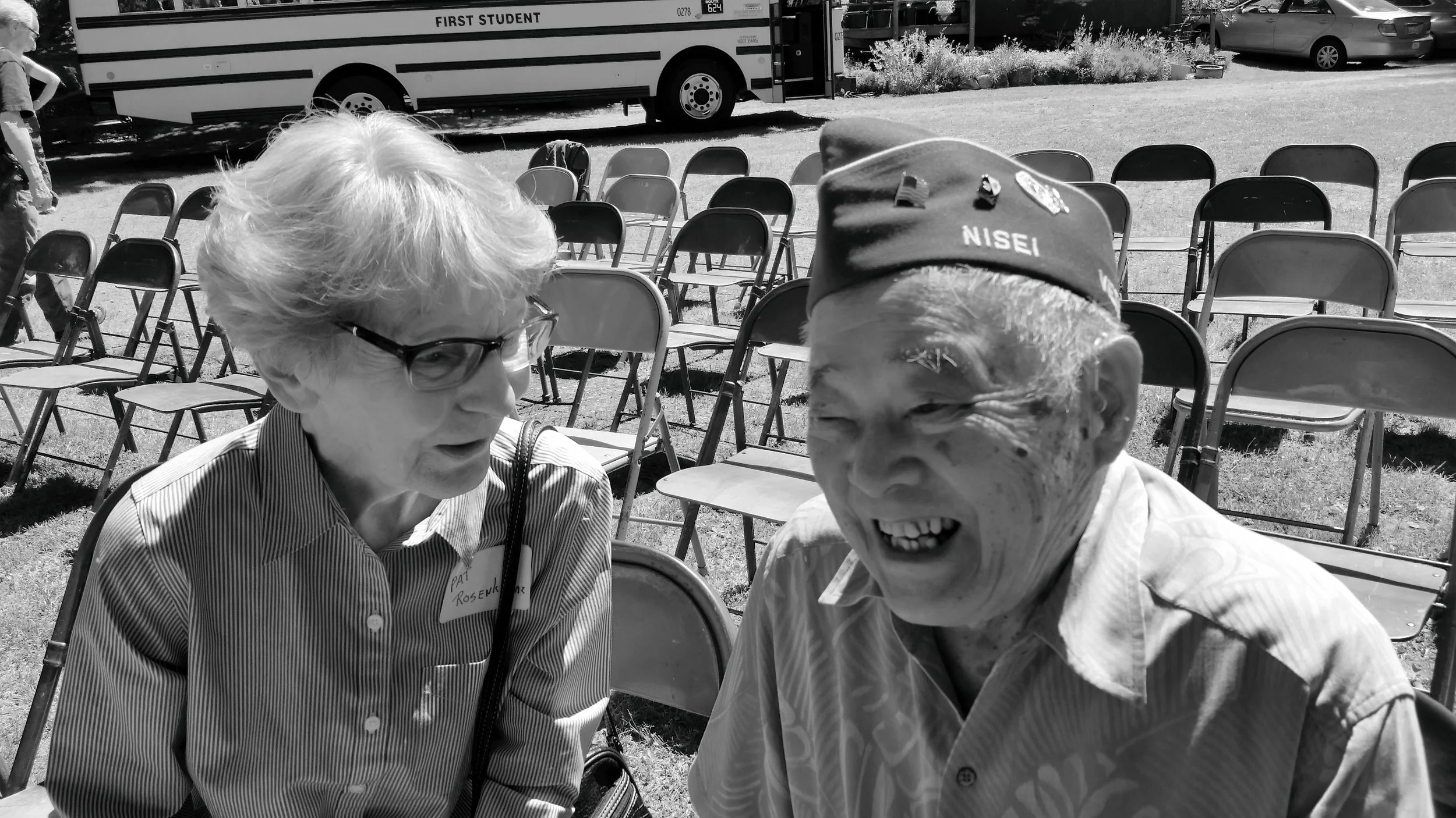 Frank enjoying a laugh with Pat Rosenkranz at the dedication for the new monument. May 29, 2017. Photo by Joy Nishimura.
