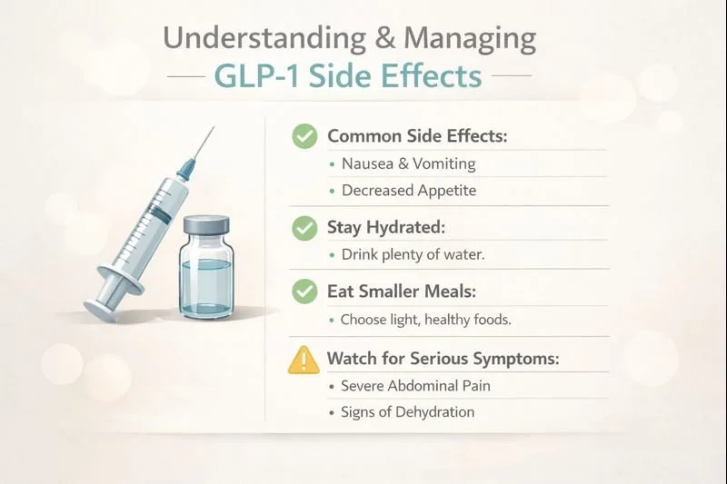 An infographic explaining side effects of GLP-1 medications, including common side effects like nausea and decreased appetite, hydration tips, eating smaller meals, and warning signs of serious symptoms such as severe abdominal pain and dehydration.