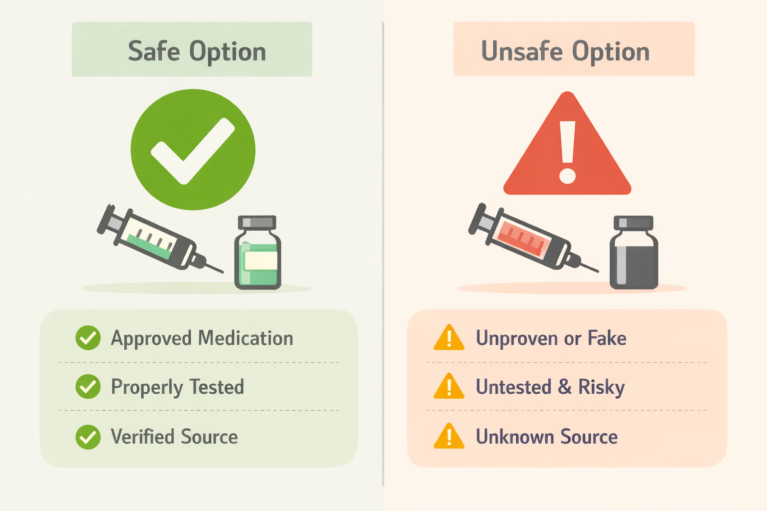 Comparison between safe and unsafe medication options: on the left, a green section labeled 'Safe Option' with a check mark, a syringe, and a medicine bottle, alongside text indicating 'Approved Medication,' 'Properly Tested,' and 'Verified Source.' on the right, an orange section labeled 'Unsafe Option' with a warning sign, a syringe, and a medicine bottle, alongside text indicating 'Unproven or Fake,' 'Untested & Risky,' and 'Unknown Source.'