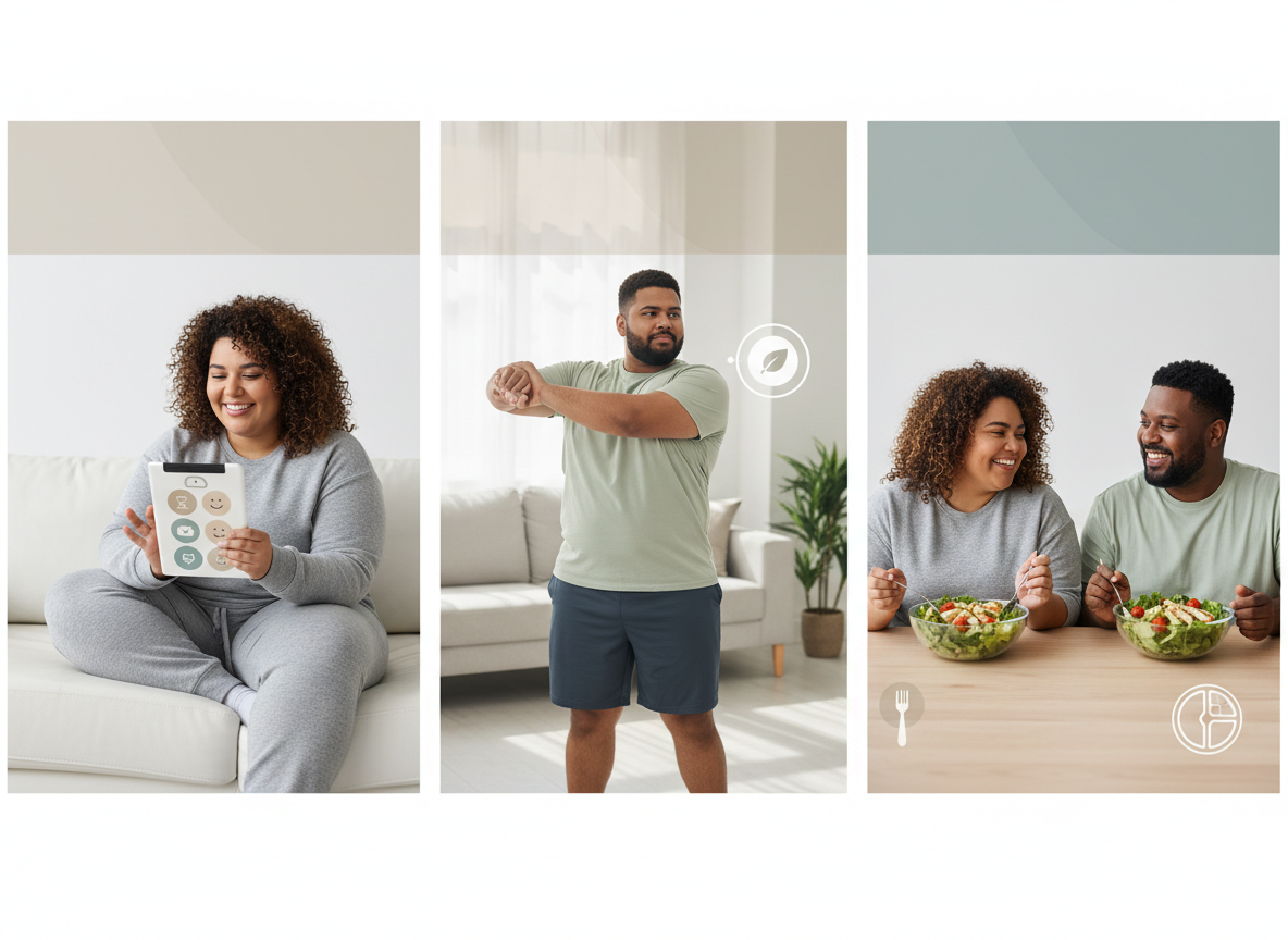 A collage of three images: the first shows a woman in comfortable clothes sitting on a sofa, smiling while looking at her phone; the second shows a man stretching his arms in a casual room with a potted plant nearby; the third shows a woman and a man sitting at a table, smiling and eating salads.